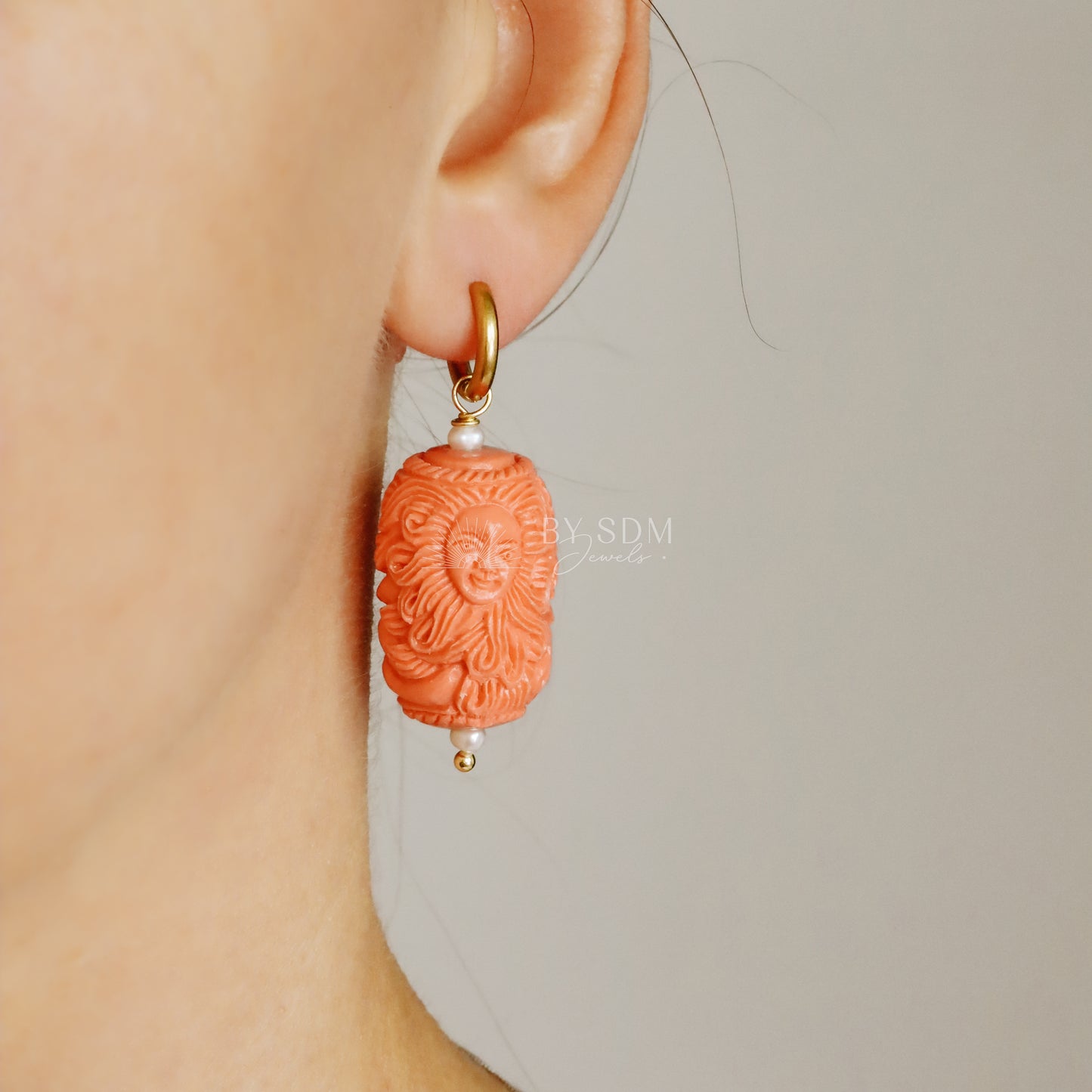 Sun with Human Face and Body of a Mermaid Earrings • Salmon Color • BYSDMJEWELS