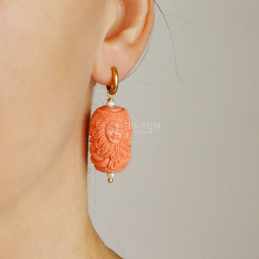 Sun with Human Face and Body of a Mermaid Earrings • Salmon Color • BYSDMJEWELS