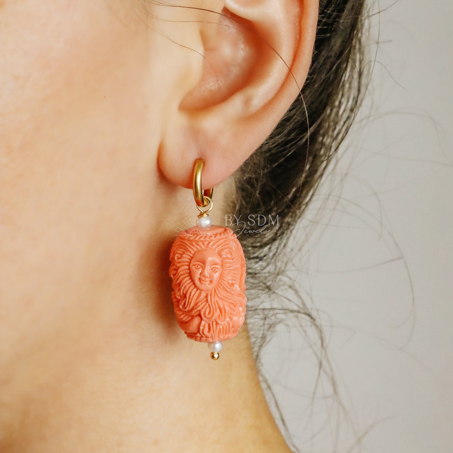 Sun with Human Face and Body of a Mermaid Earrings • Salmon Color • BYSDMJEWELS