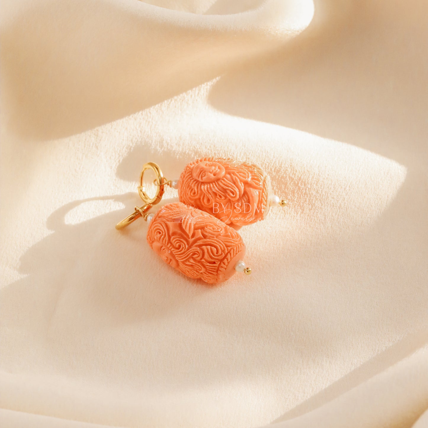 Sun with Human Face and Body of a Mermaid Earrings • Salmon Color • BYSDMJEWELS