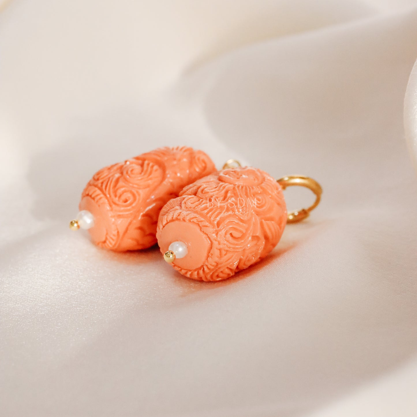 Sun with Human Face and Body of a Mermaid Earrings • Salmon Color • BYSDMJEWELS