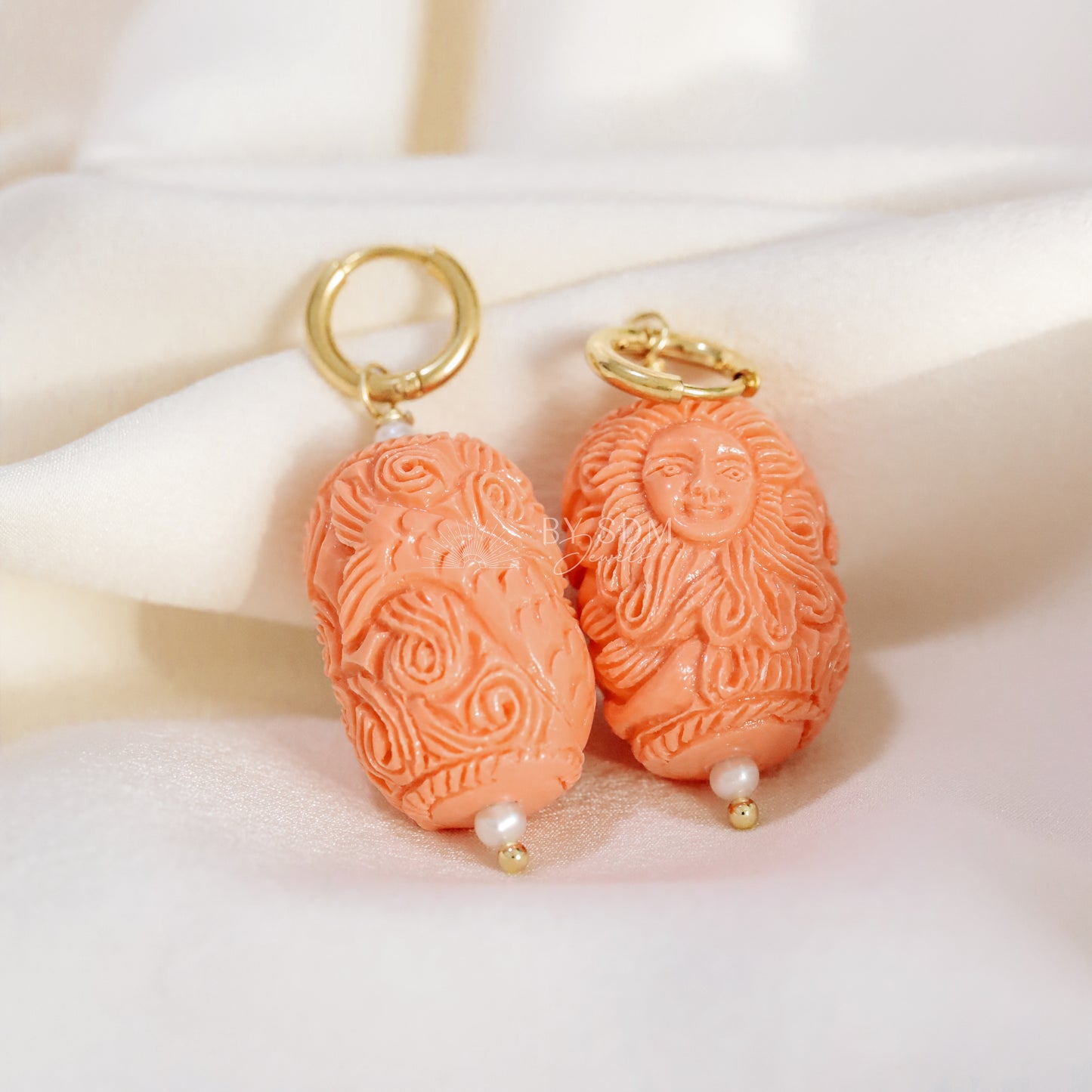 Sun with Human Face and Body of a Mermaid Earrings • Salmon Color • BYSDMJEWELS