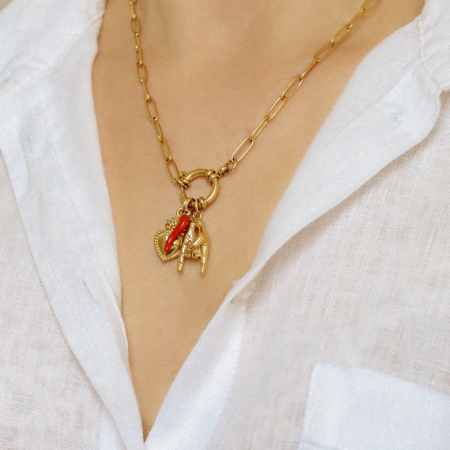 Italian Lucky Horn Necklace • Hand Gesture Horn • Italy Corno Cornicello Necklace • Flaming Sacred Heart Necklace • BYSDMJEWELS