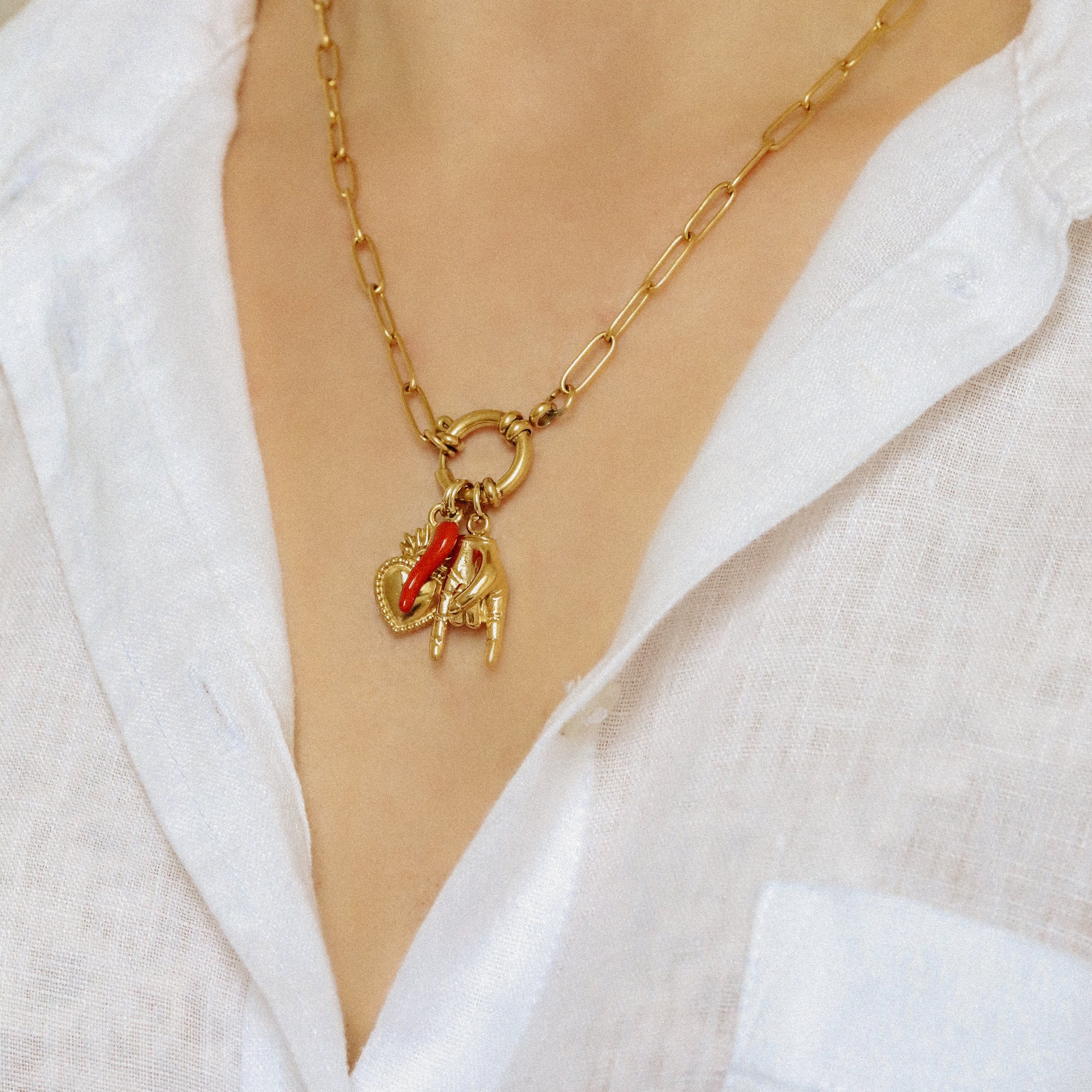Italian Lucky Horn Necklace • Hand Gesture Horn • Italy Corno Cornicello Necklace • Flaming Sacred Heart Necklace • BYSDMJEWELS