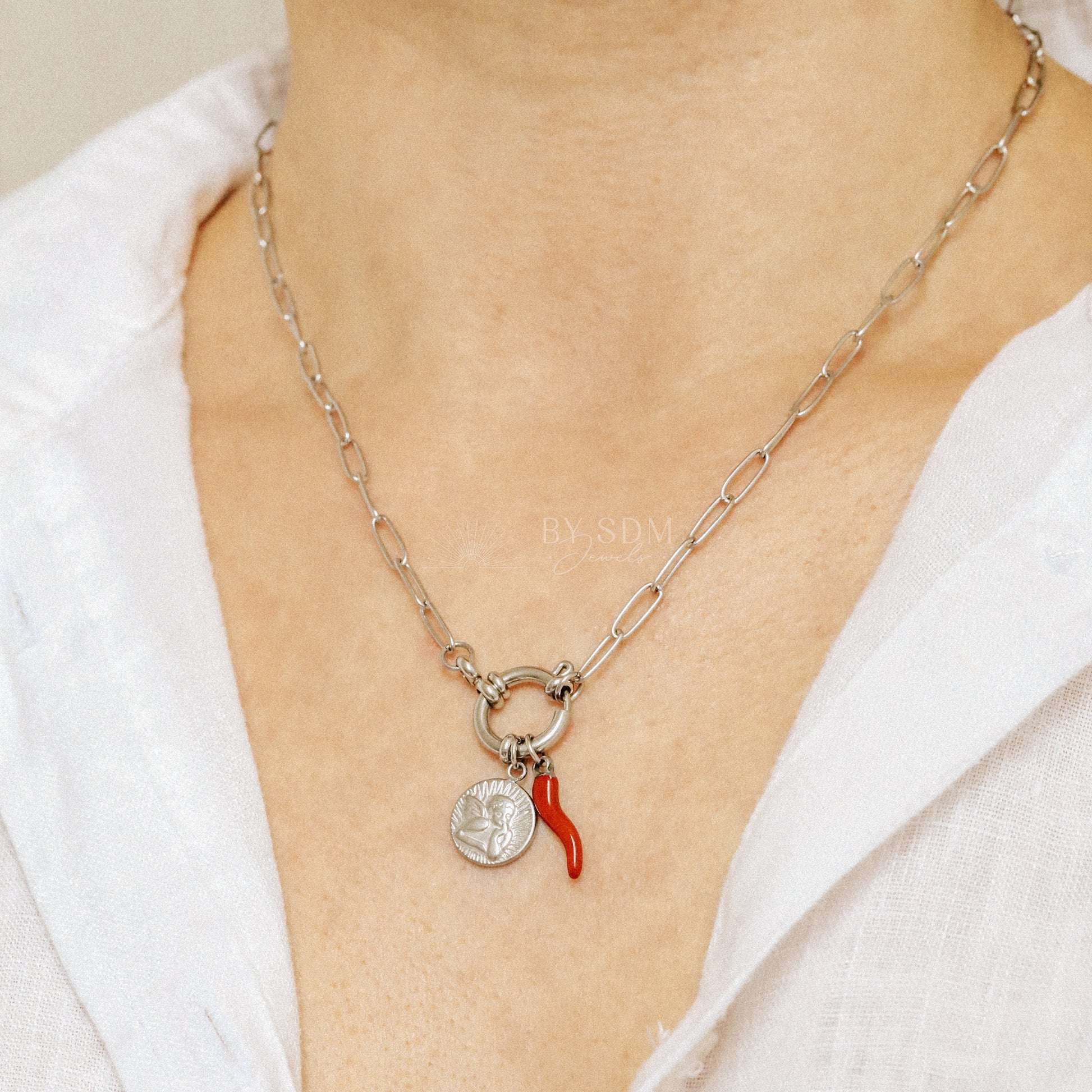 Italian Lucky Horn Necklace • Thinking Angel Charm • Italy Corno Cornicello Necklace • Thinking Angel Necklace • BYSDMJEWELS