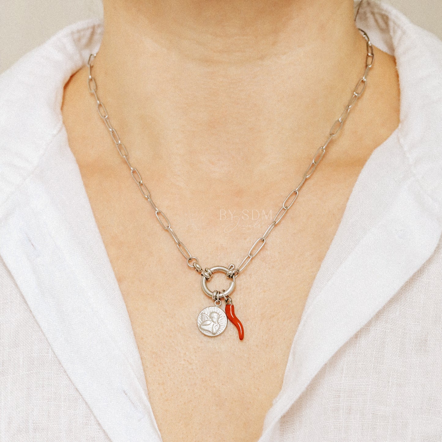 Italian Lucky Horn Necklace • Thinking Angel Charm • Italy Corno Cornicello Necklace • Thinking Angel Necklace • BYSDMJEWELS