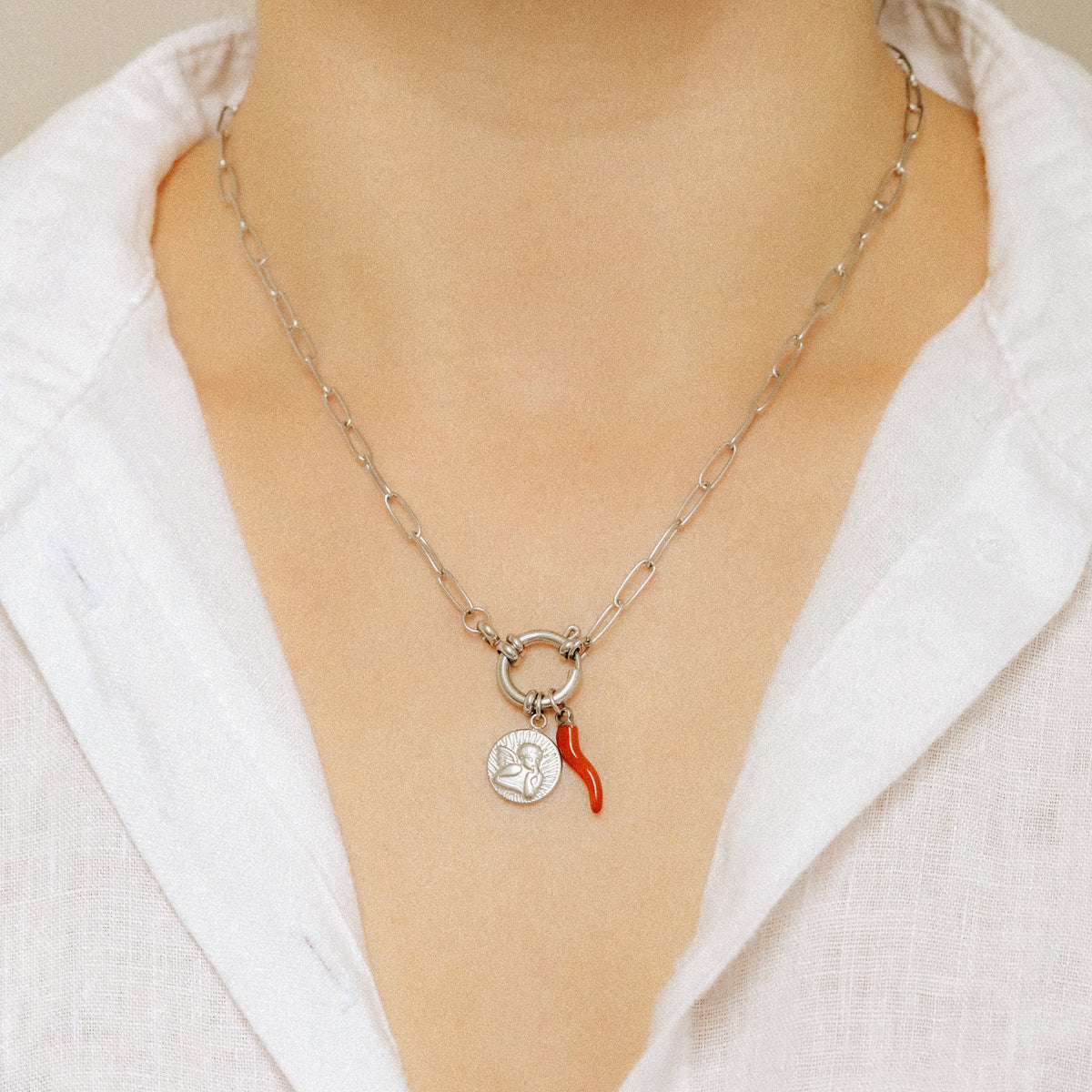 Thinking Angel and Italian Lucky Horn Charm Necklace