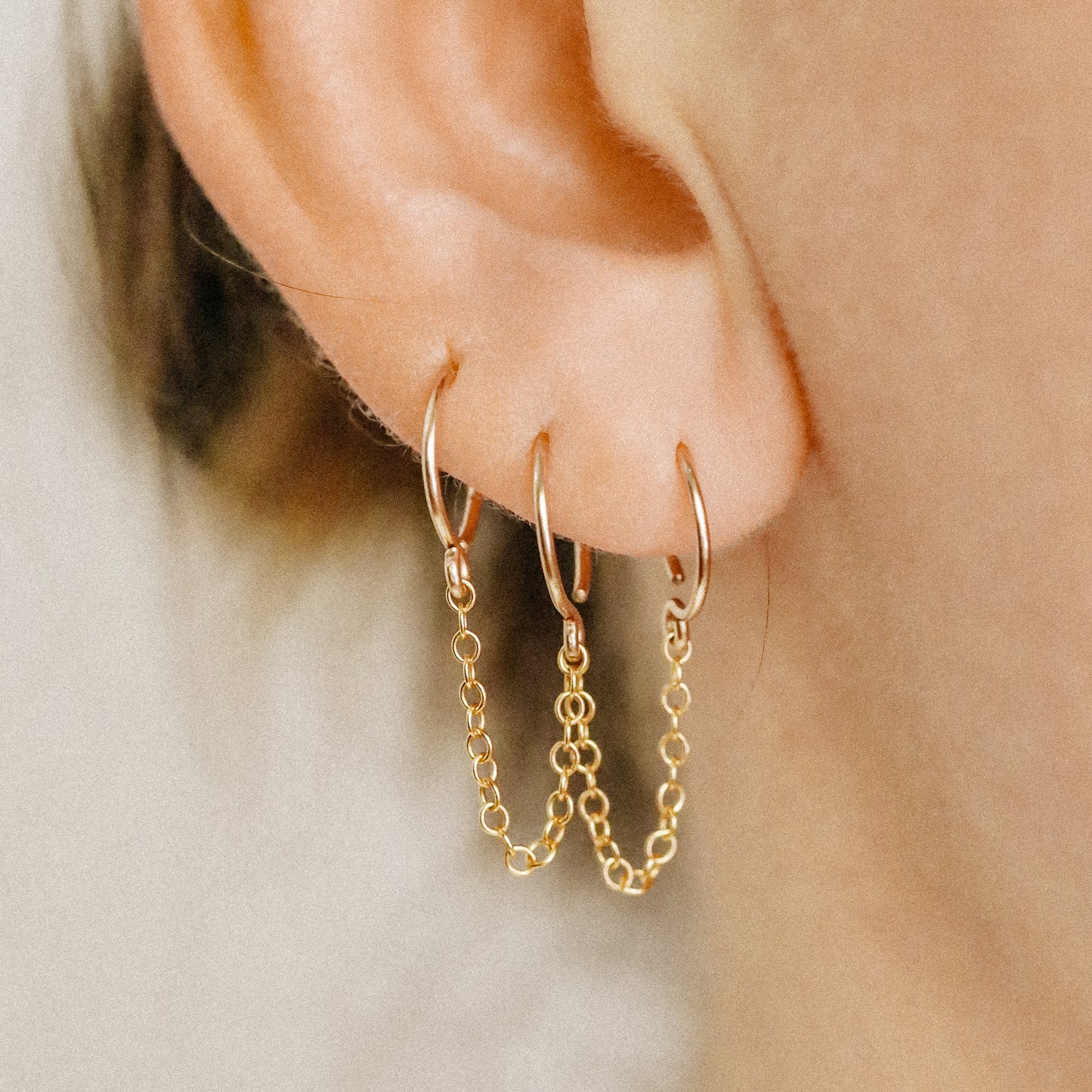 Triple Hoop Earrings With Chain for Three Piercings • Huggies • Gold • Silver • Rose Gold • BYSDMJEWELS