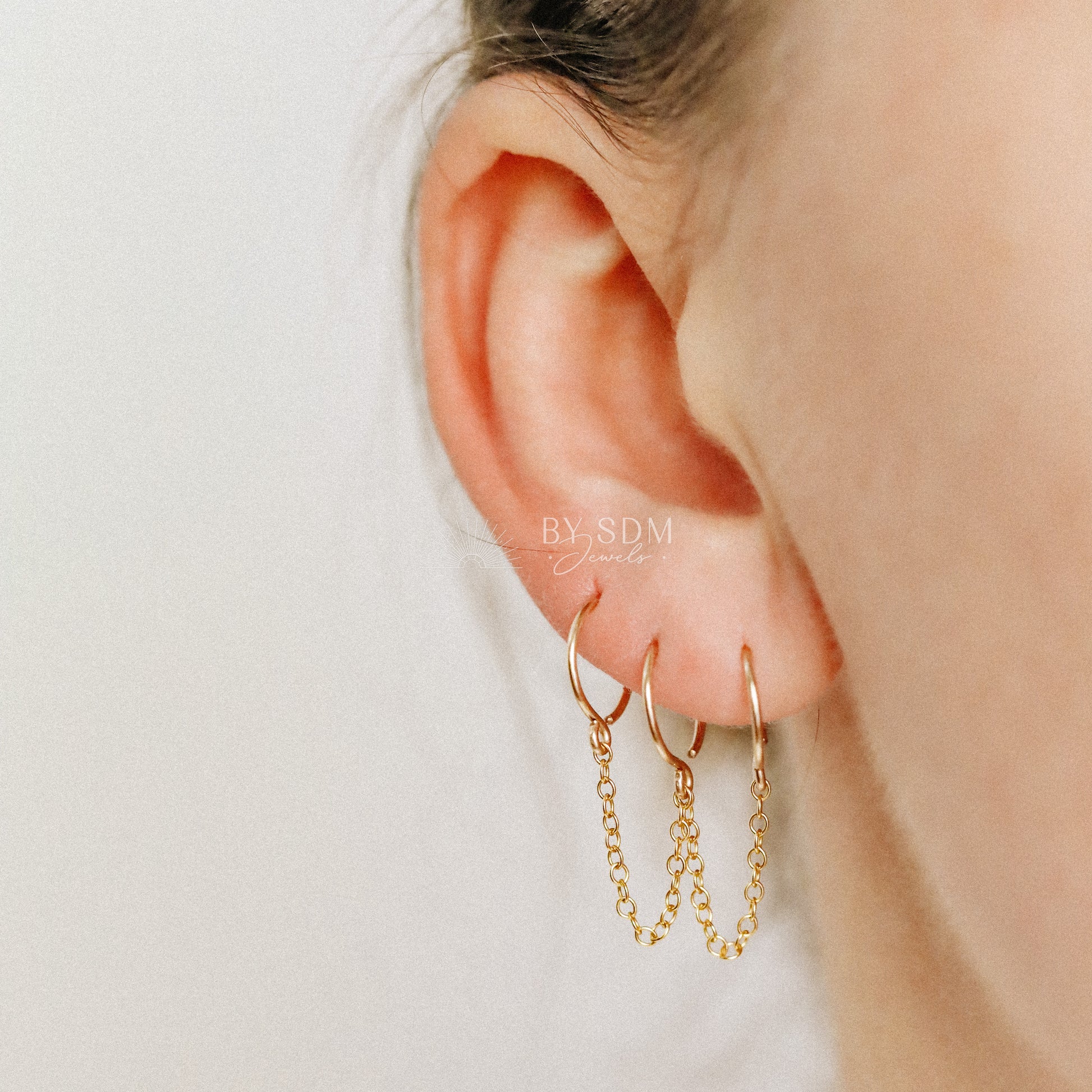 Triple Hoop Earrings With Chain for Three Piercings • Huggies • Gold • Silver • Rose Gold • BYSDMJEWELS