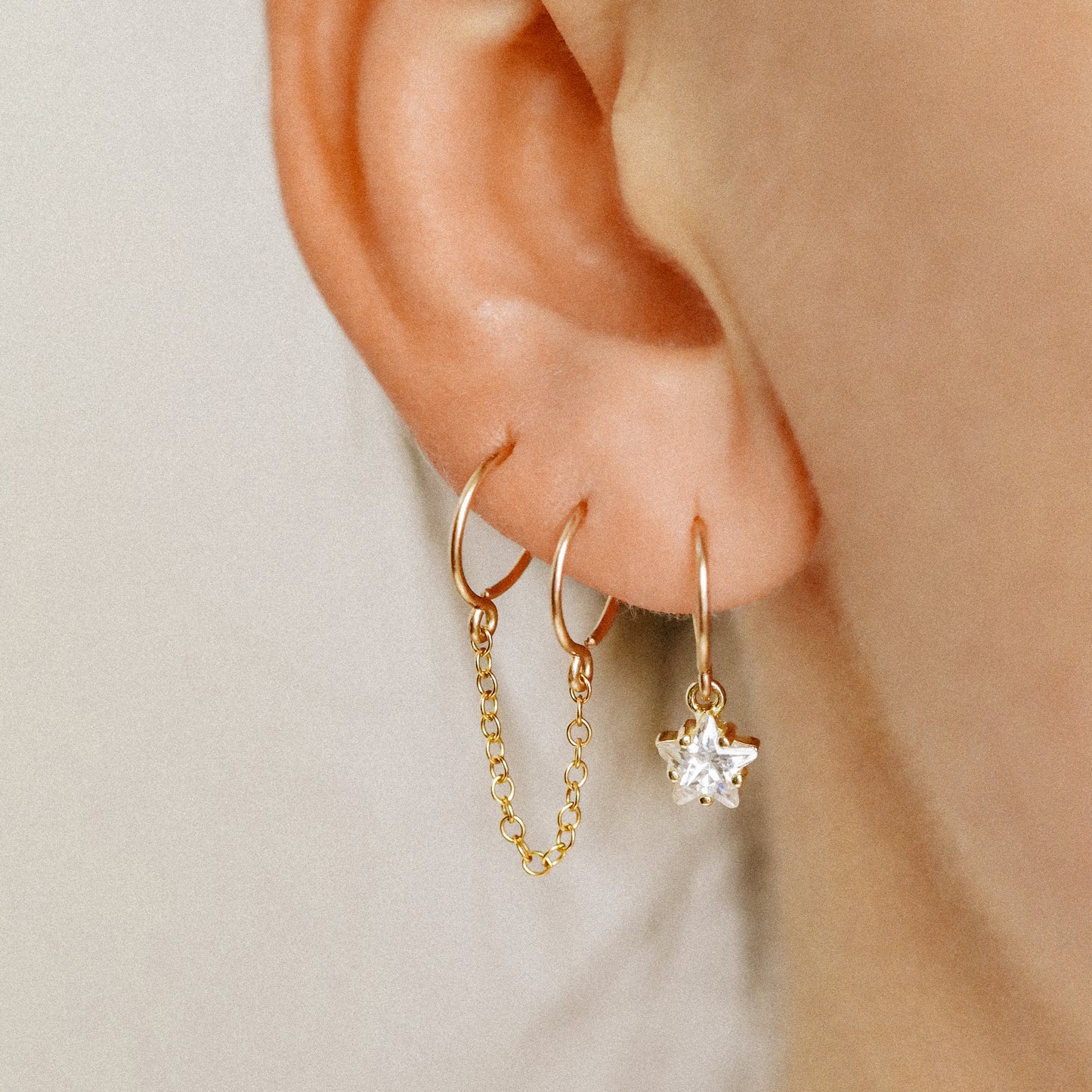 Triple Hoop Earrings With Chain for Three Piercings • Huggies • Gold • Silver • Rose Gold • BYSDMJEWELS