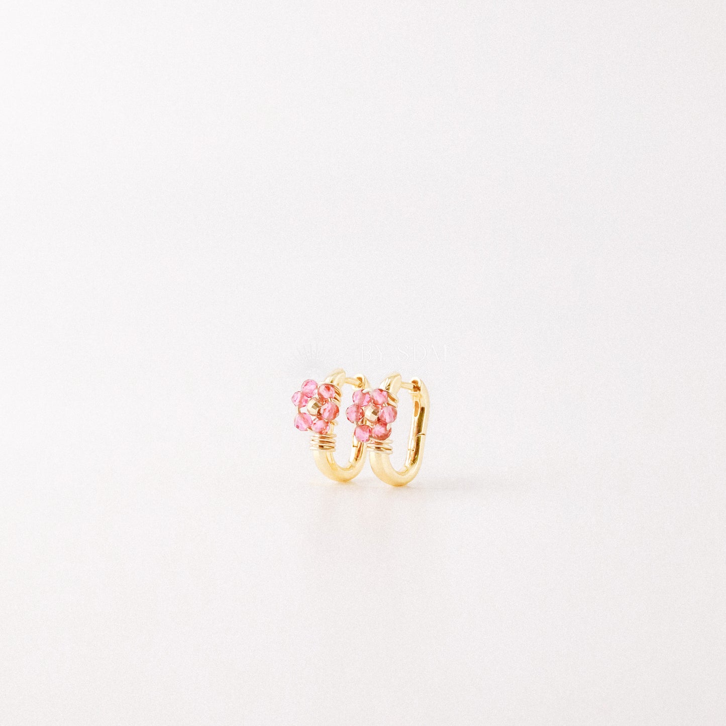 Oval Hoop Earrings with Fuxia Flowers • Gold Sterling Silver 925 • BYSDMJEWELS