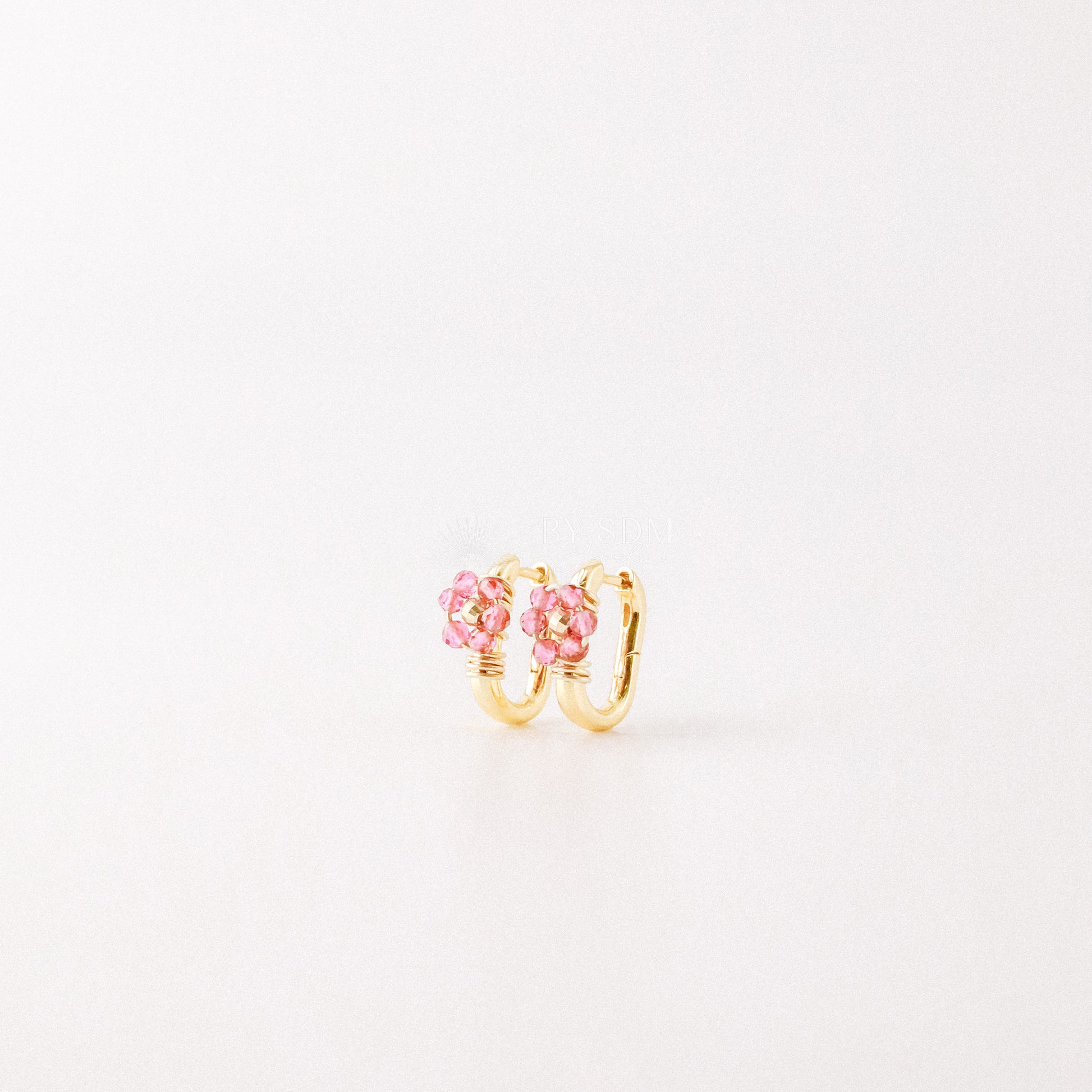 Oval Hoop Earrings with Fuxia Flowers • Gold Sterling Silver 925 • BYSDMJEWELS