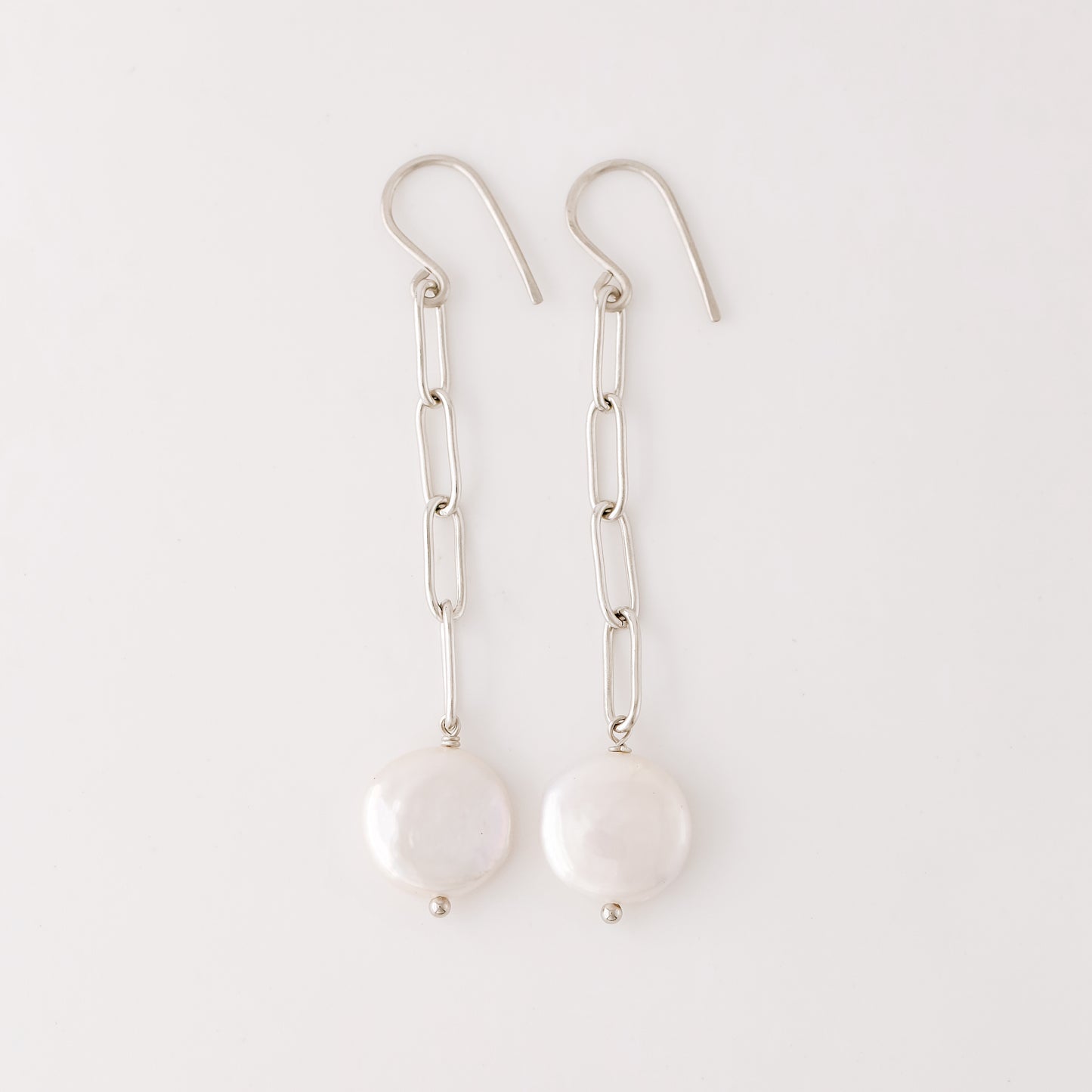 Dangling Pearl Earrings: Stainless Steel Paperclip Chain, Wedding Jewelry