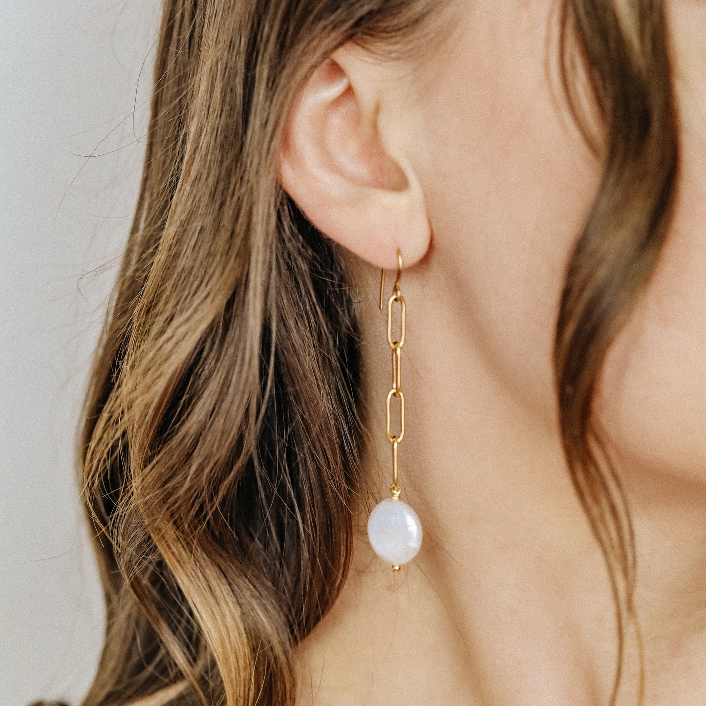 Dangling Pearl Earrings: Stainless Steel Paperclip Chain, Wedding Jewelry