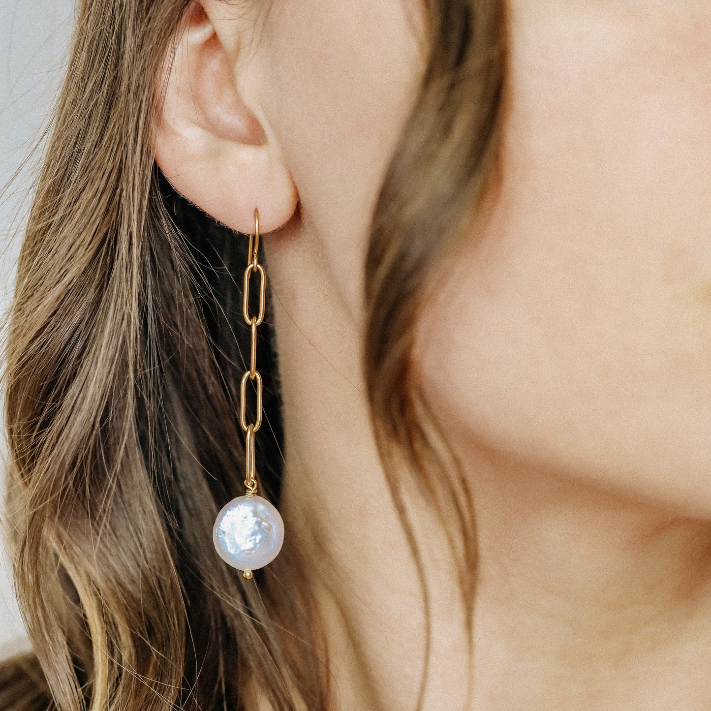 Dangling Pearl Earrings: Stainless Steel Paperclip Chain, Wedding Jewelry