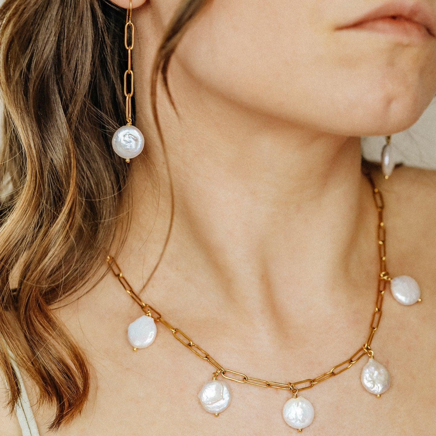Baroque Pearl Drop Necklace: Stainless Steel Paperclip Chain