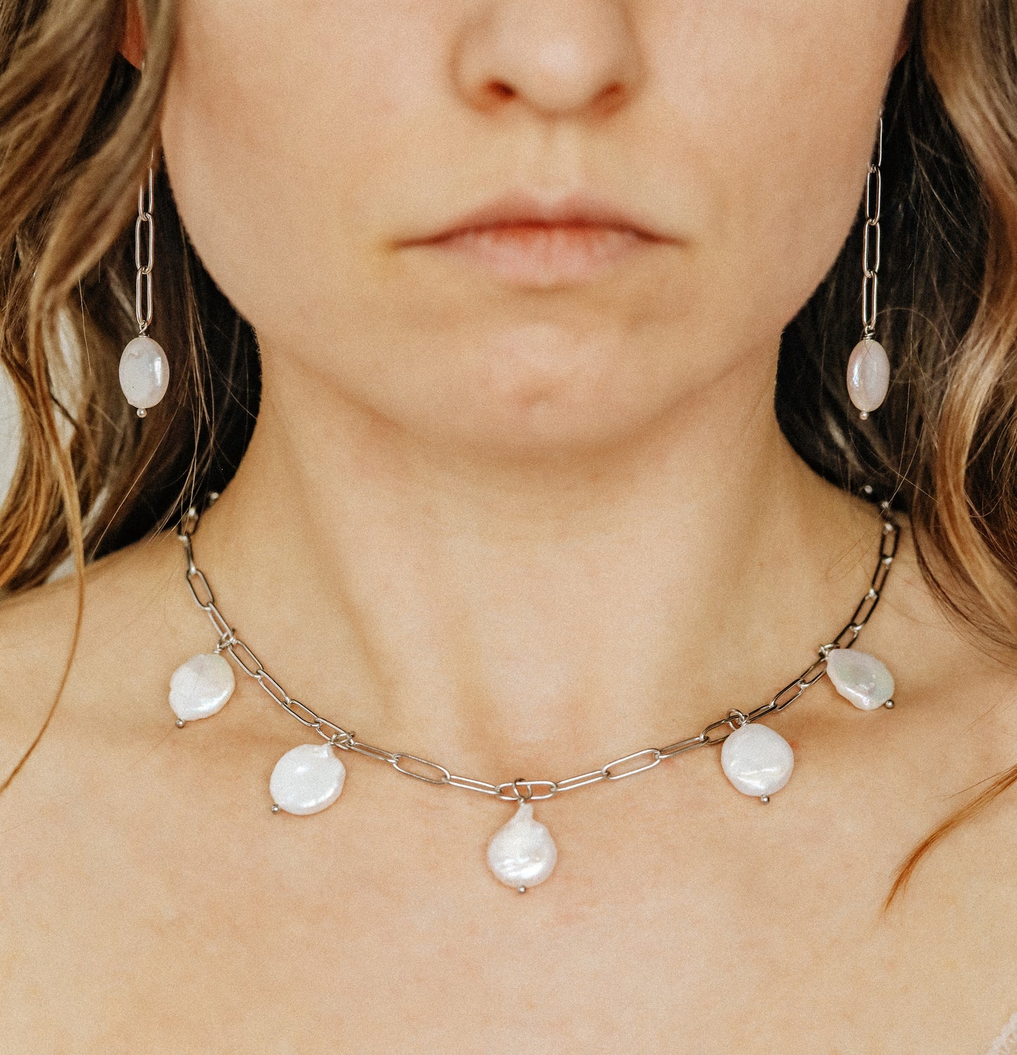Dangling Pearl Earrings: Stainless Steel Paperclip Chain, Wedding Jewelry