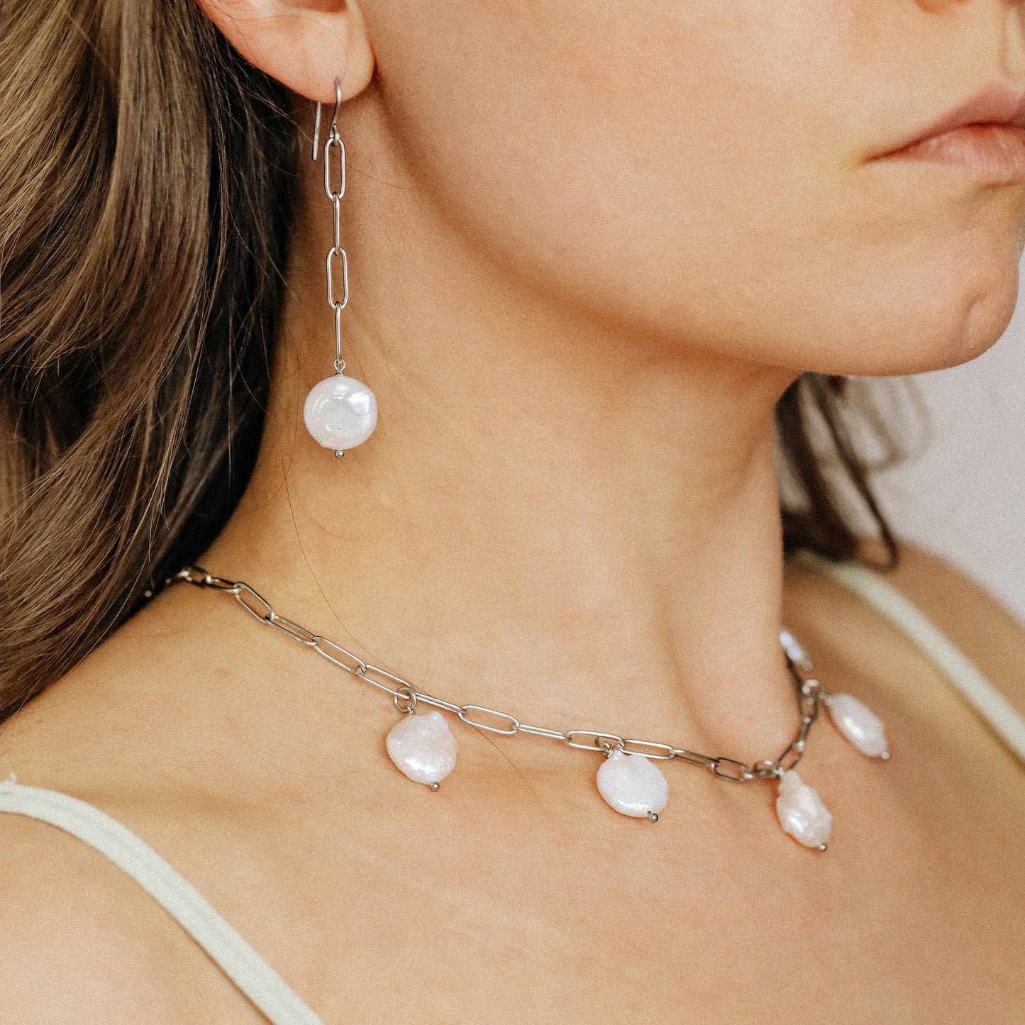 Dangling Pearl Earrings: Stainless Steel Paperclip Chain, Wedding Jewelry