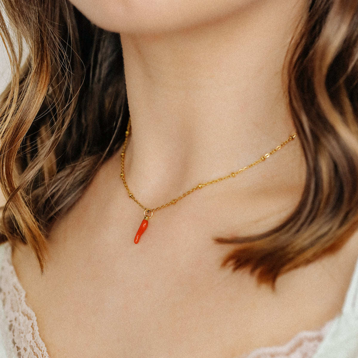 Cornicello Napoletano Pendant with Satellite Chain Necklace in Stainless Steel