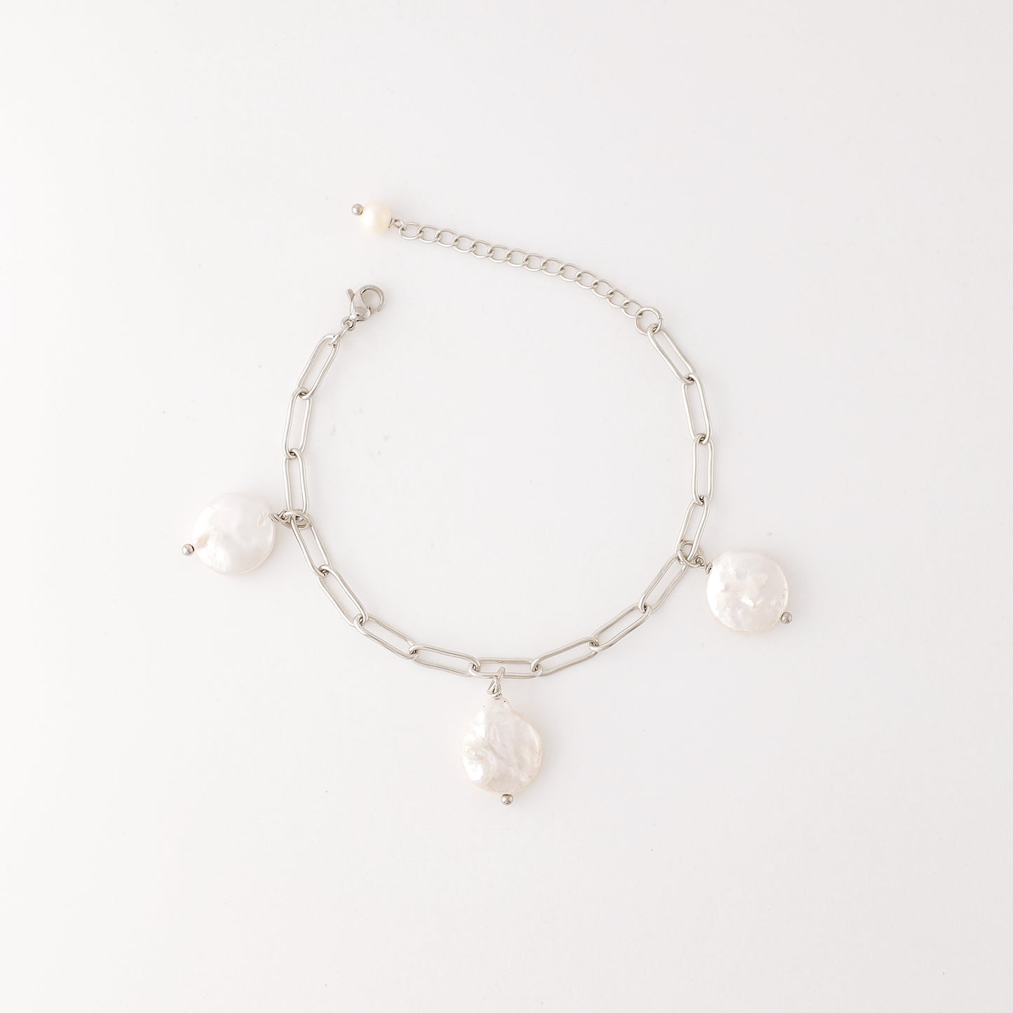 Baroque Pearl Charm Bracelet: Stainless Steel Station Bracelet