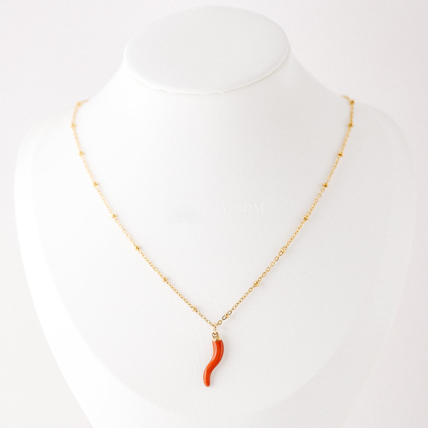 Lucky Horn Charm with Satellite Chain Necklace • Italian Cornetto Horn Necklace • Red Horn • Italy Luckycharm Cornicello • BYSDMJEWELS