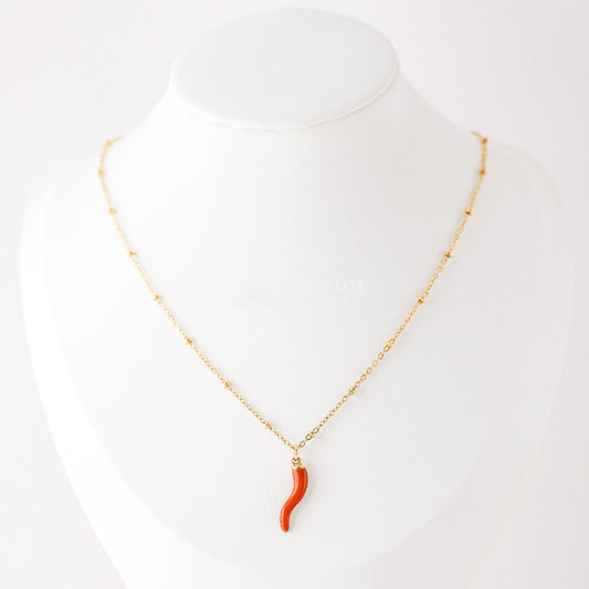 Lucky Horn Charm with Satellite Chain Necklace • Italian Cornetto Horn Necklace • Red Horn • Italy Luckycharm Cornicello • BYSDMJEWELS