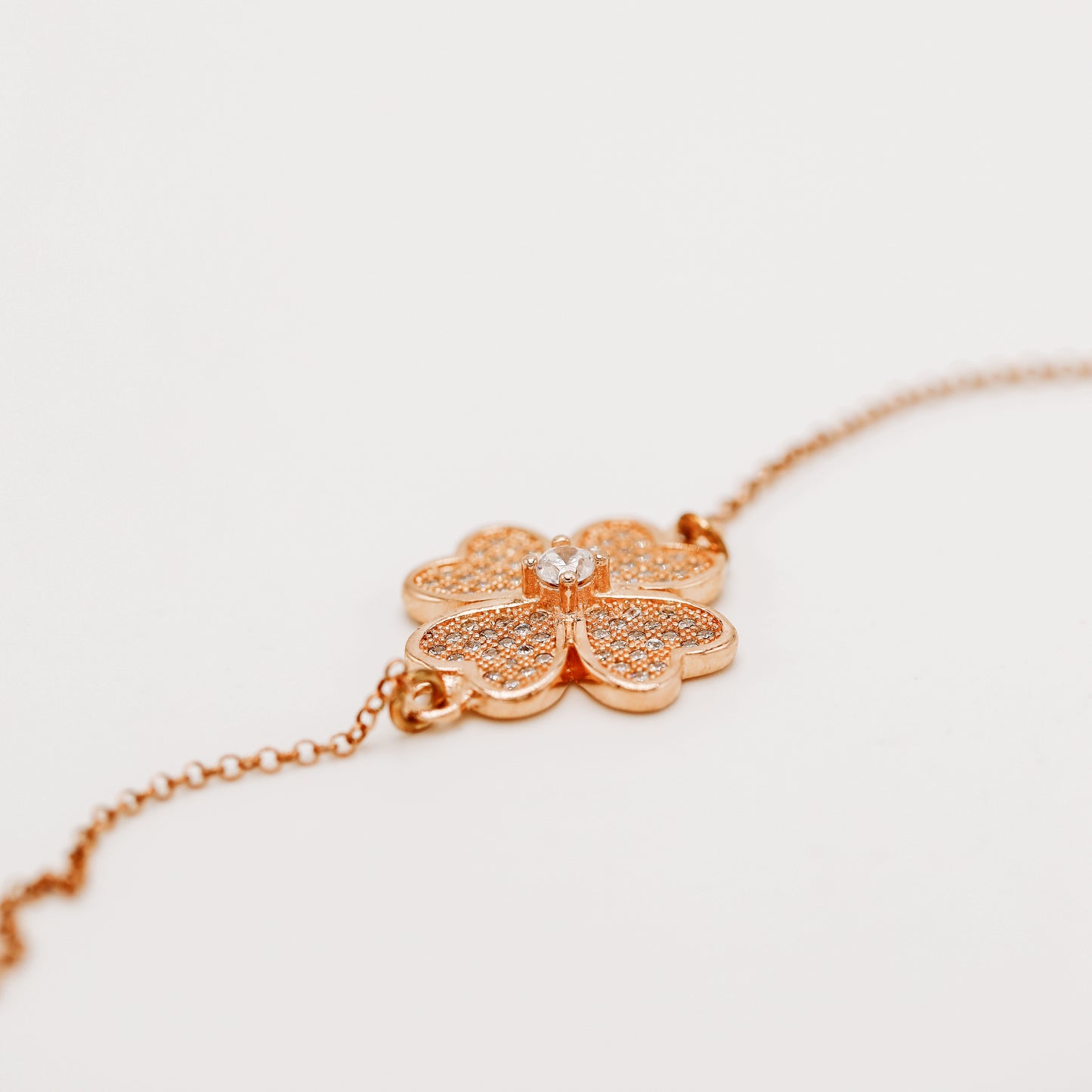 Rose Gold Diamond Pavé Clover Bracelet, Sterling Silver Flower Jewelry, BYSDMJEWELS