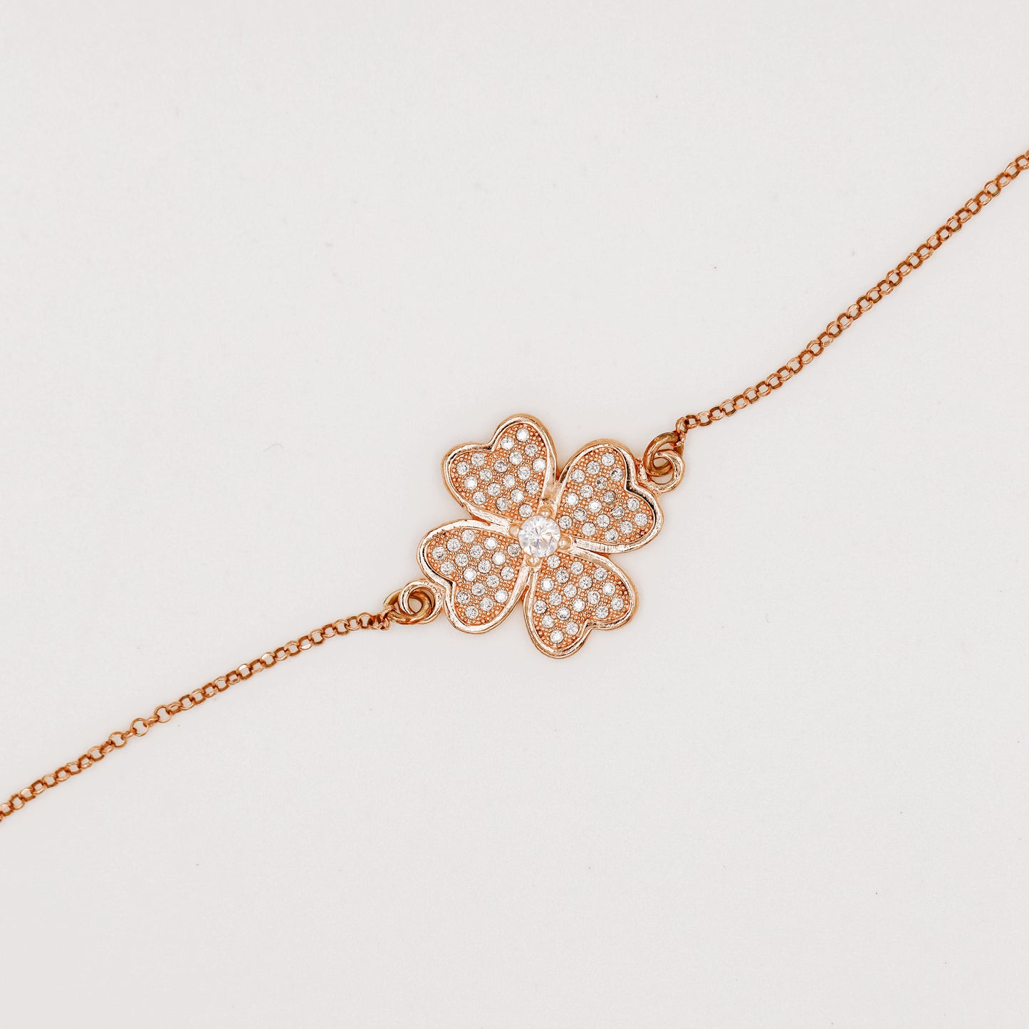 Rose Gold Diamond Pavé Clover Bracelet, Sterling Silver Flower Jewelry, BYSDMJEWELS