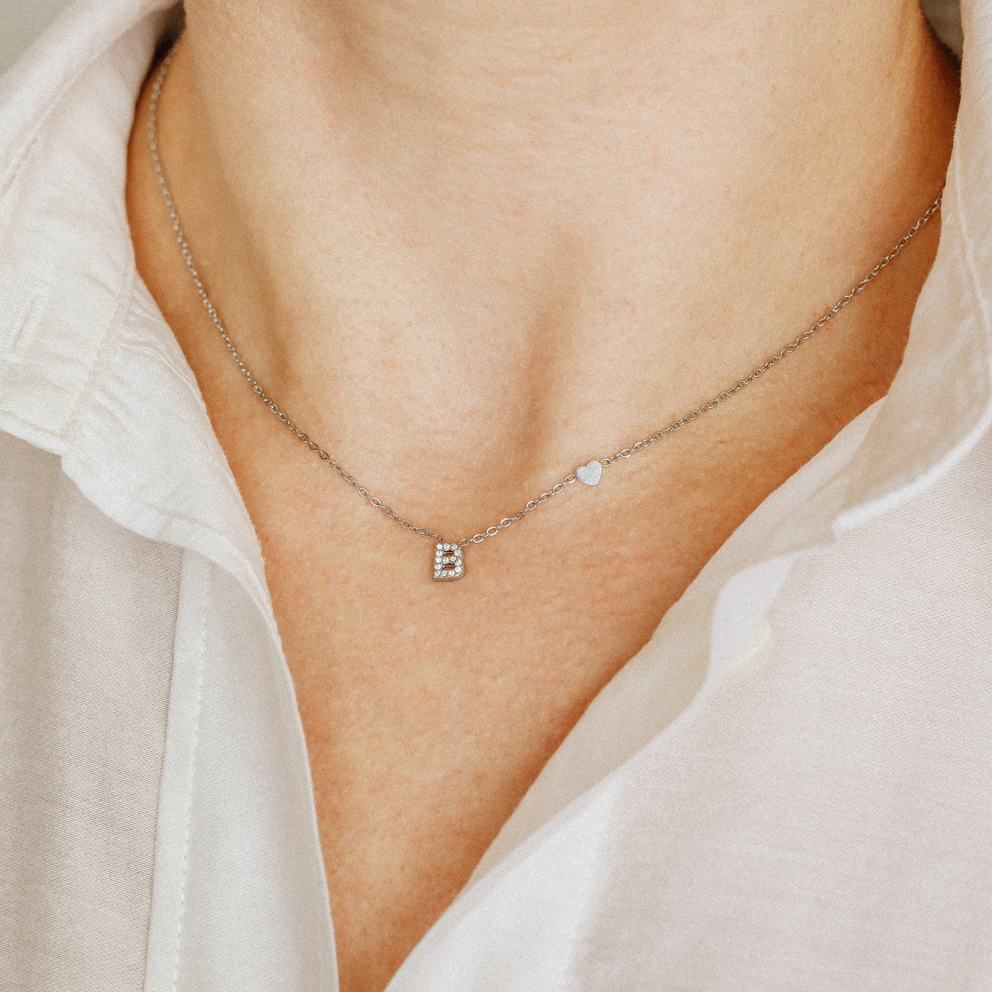 Custom Dainty Pave Initials Necklace Gold, Pave Letter Necklace, Christmas Gifts, Letter with Heart Necklace, Silver Necklace, Dainty Gift