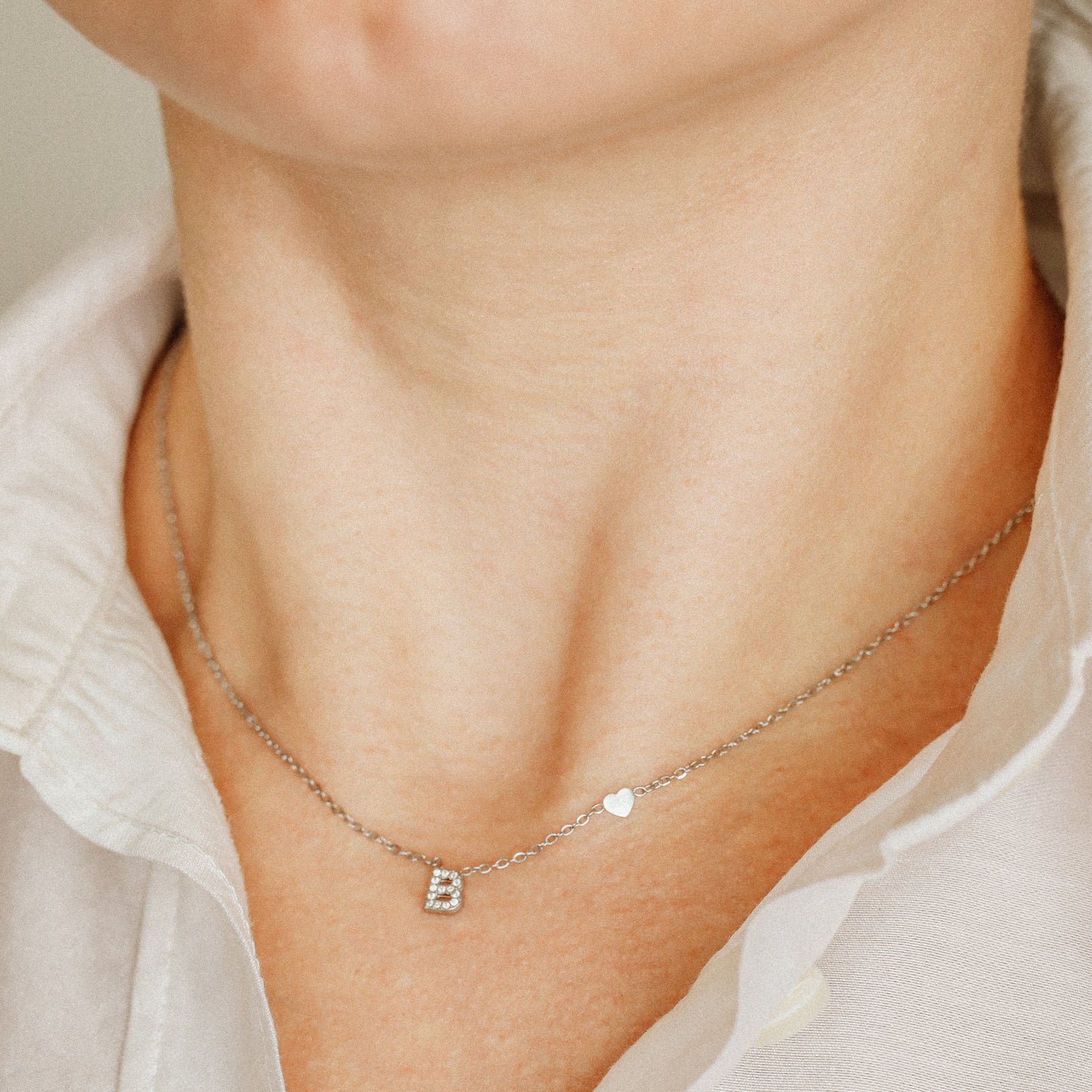 Custom Dainty Pave Initials Necklace Gold, Pave Letter Necklace, Christmas Gifts, Letter with Heart Necklace, Silver Necklace, Dainty Gift