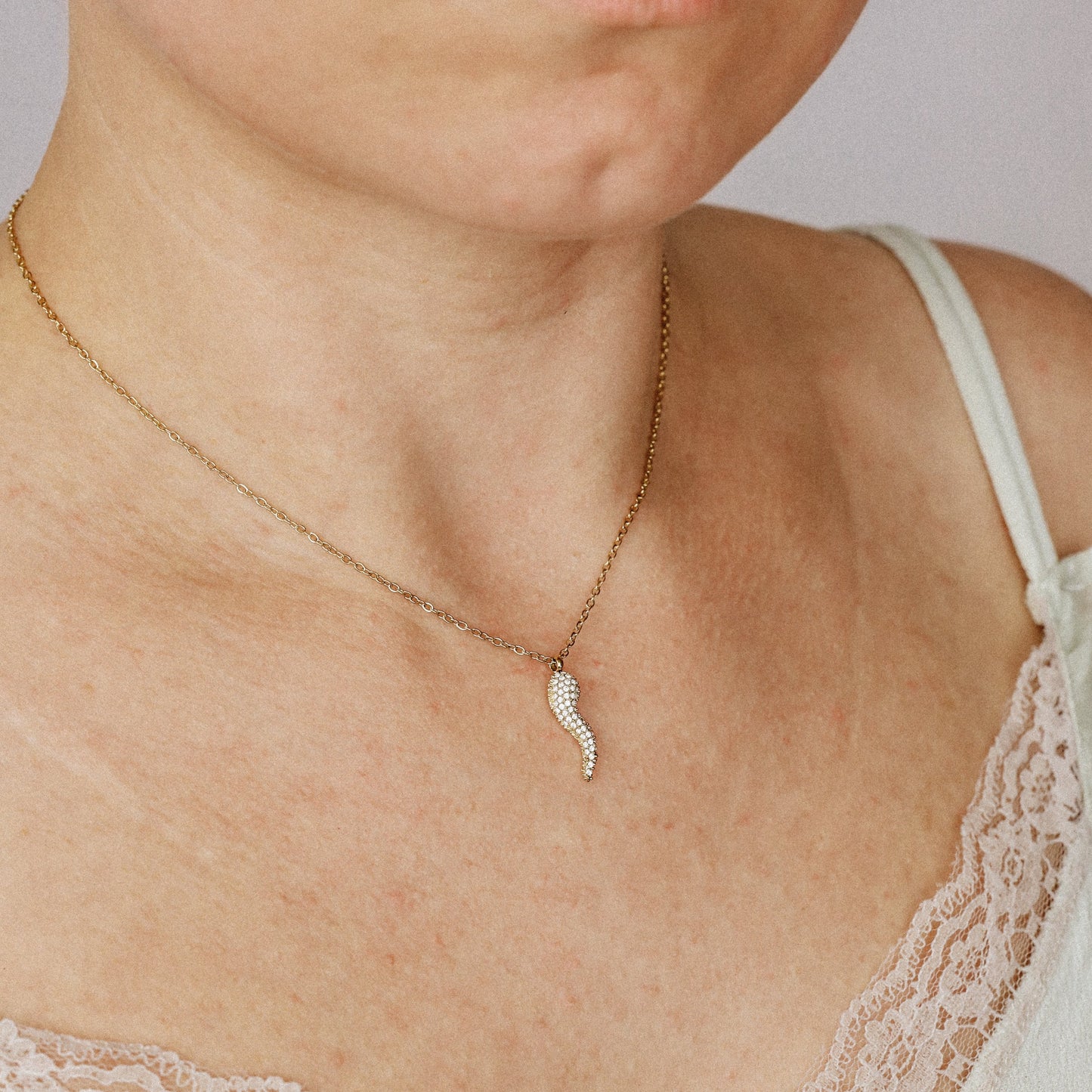 Stainless Steel Pave Italian Horn Necklace, Cornicello Necklace, Good Luck Charm, Italian Jewelry, Protection Jewelry, Chili Jewelry