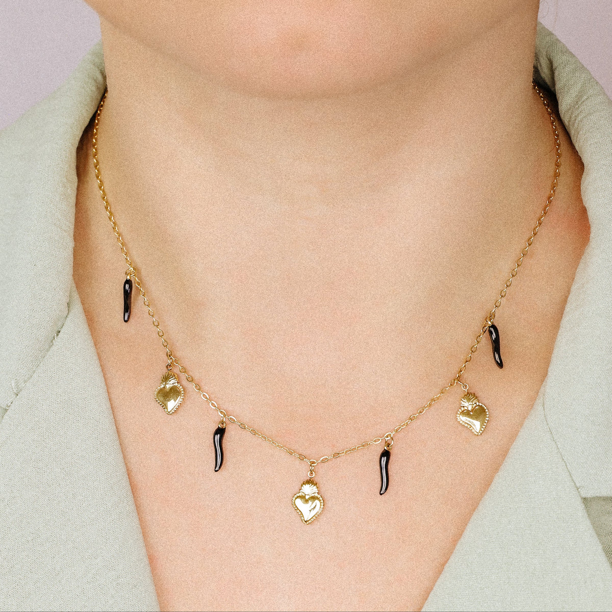 Italian Lucky Horn Necklace, Flaming Sacred Heart Necklace, Italy Corno Cornicello Necklace, Flaming Sacred Heart Necklace, BYSDMJEWELS