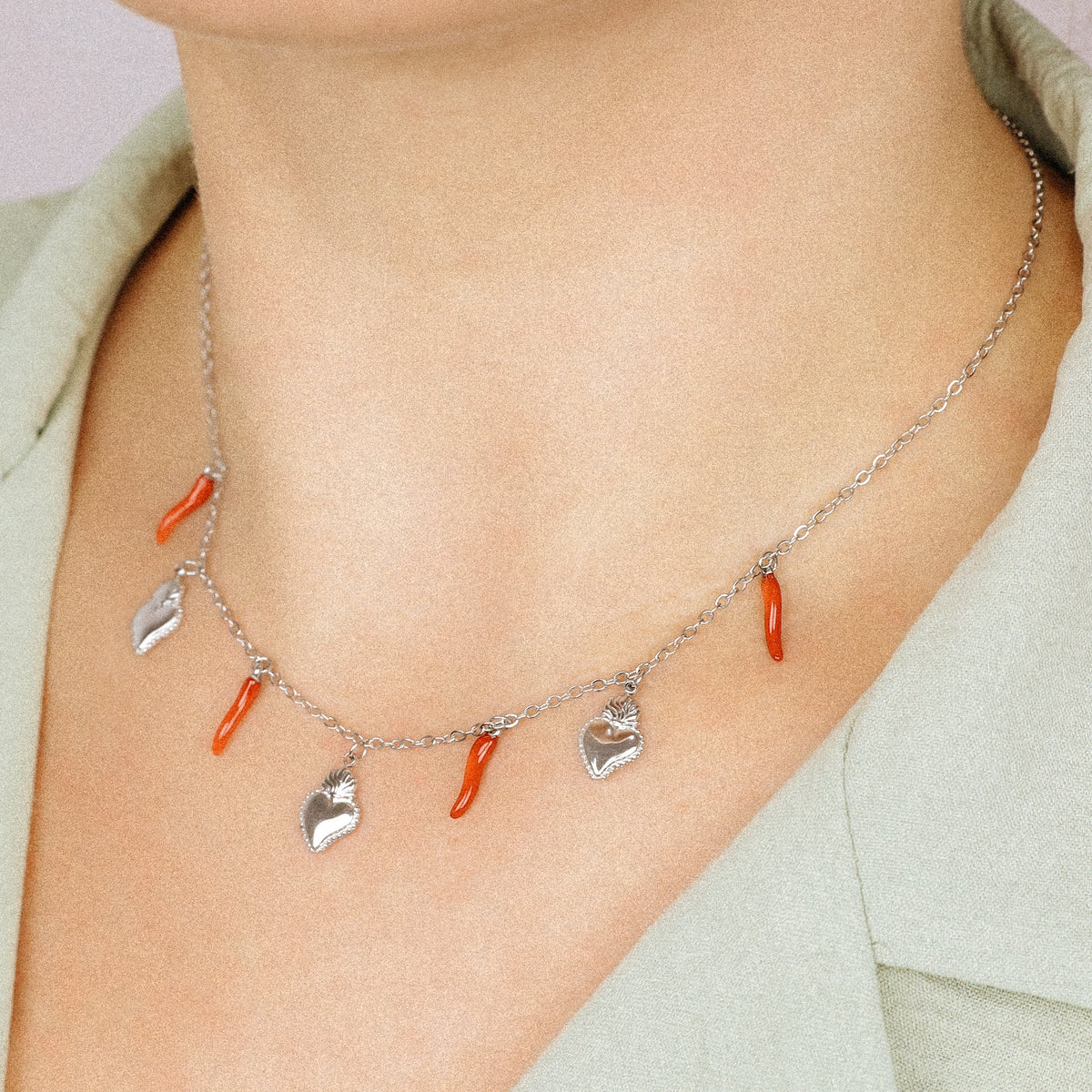 Italian Lucky Horn Necklace, Flaming Sacred Heart Necklace, Italy Corno Cornicello Necklace, Flaming Sacred Heart Necklace, BYSDMJEWELS