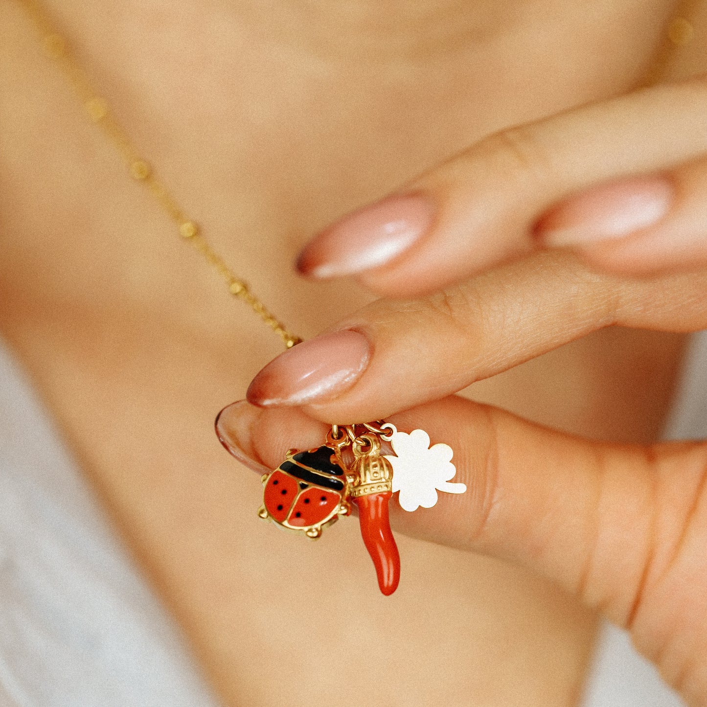 Italian Horn Necklace: Good Luck Clover, Ladybug, Cornicello Amulet