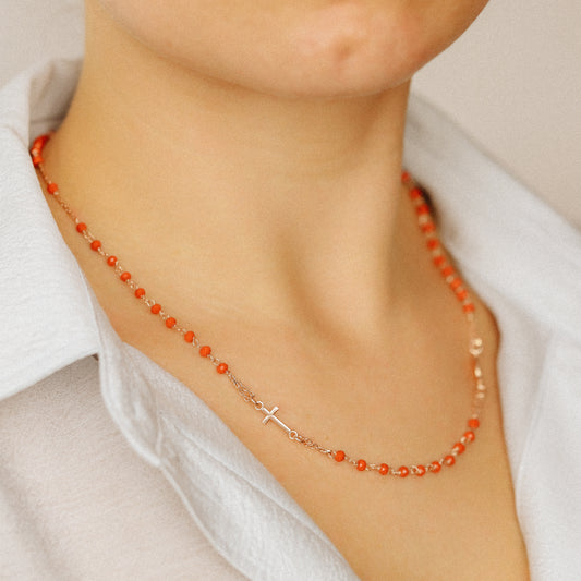Dainty Red Rosary Necklace: 18K Gold Plated Cross, Sterling Silver