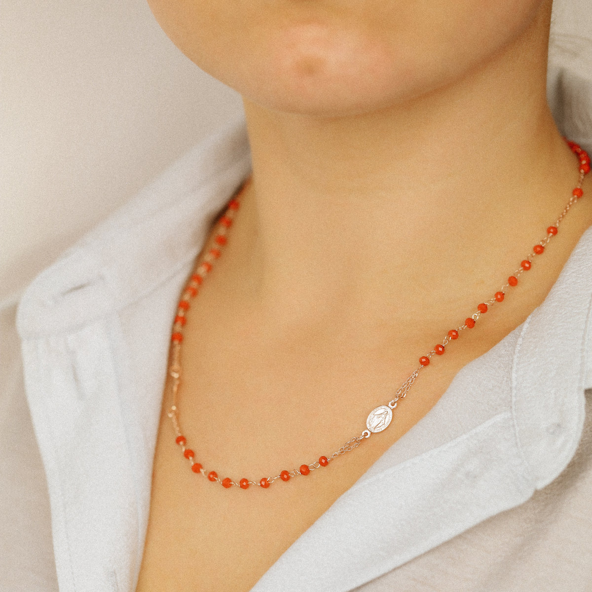 Dainty Red Rosary Necklace: 18K Gold Plated Cross, Sterling Silver