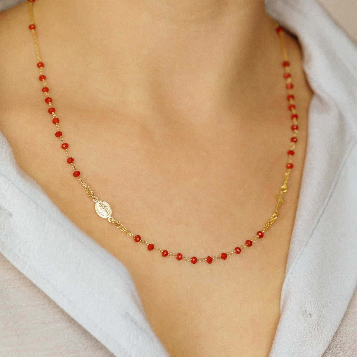 Dainty Red Rosary Necklace: 18K Gold Plated Cross, Sterling Silver