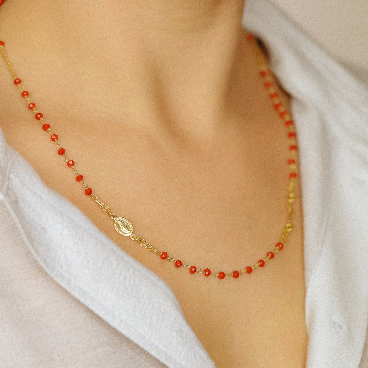 Dainty Red Rosary Necklace: 18K Gold Plated Cross, Sterling Silver