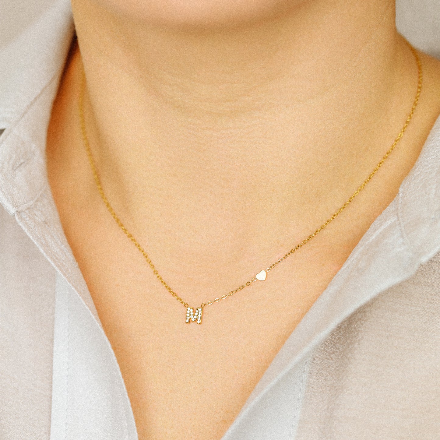 Custom Dainty Pave Initials Necklace Gold, Pave Letter Necklace, Christmas Gifts, Letter with Heart Necklace, Silver Necklace, Dainty Gift