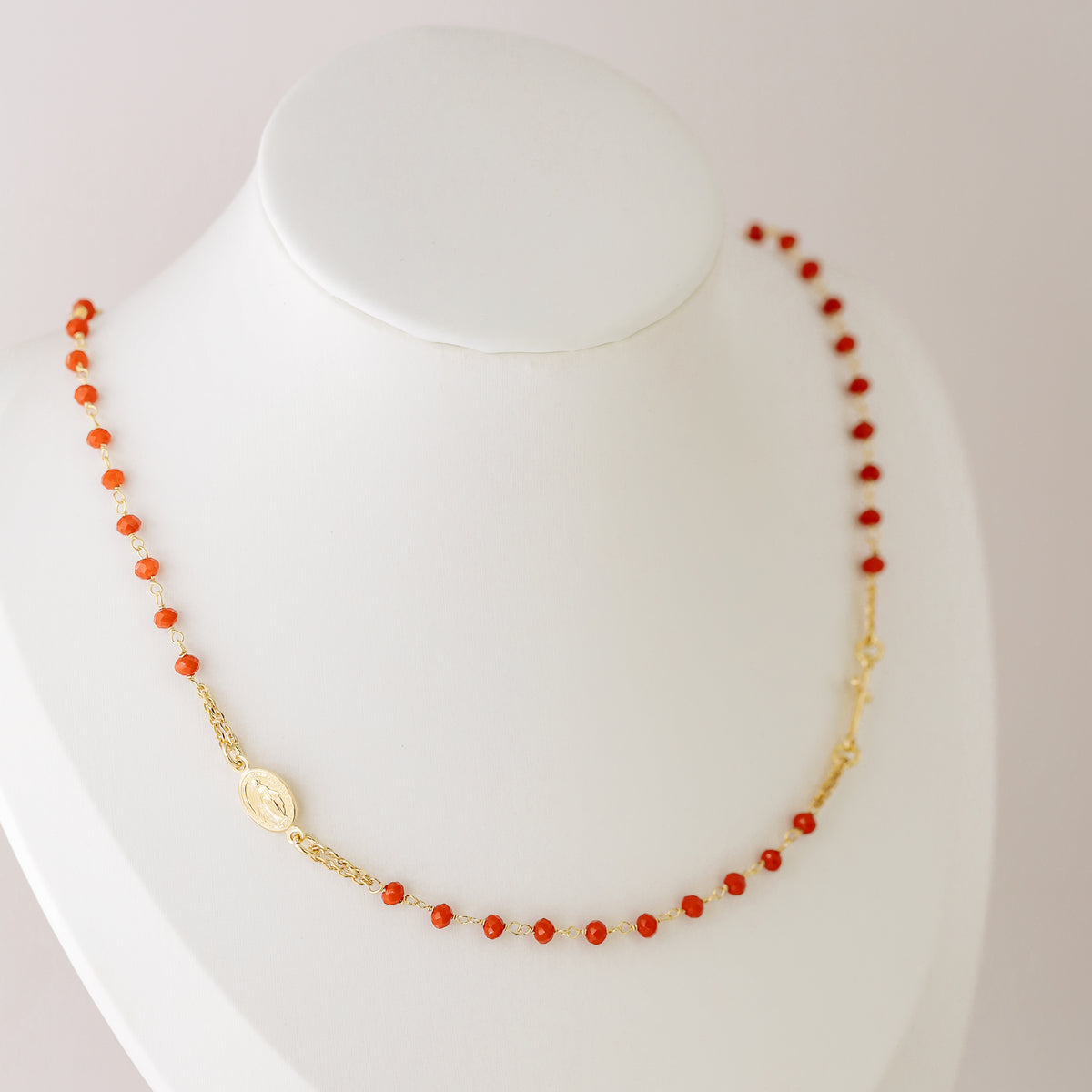 Dainty Red Rosary Necklace: 18K Gold Plated Cross, Sterling Silver