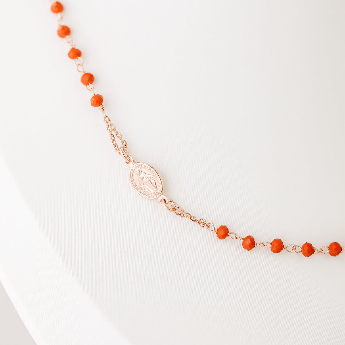 Dainty Red Rosary Necklace: 18K Gold Plated Cross, Sterling Silver