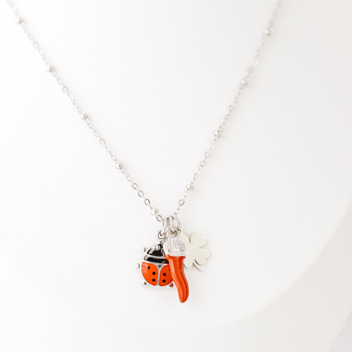 Italian Horn Necklace: Good Luck Clover, Ladybug, Cornicello Amulet