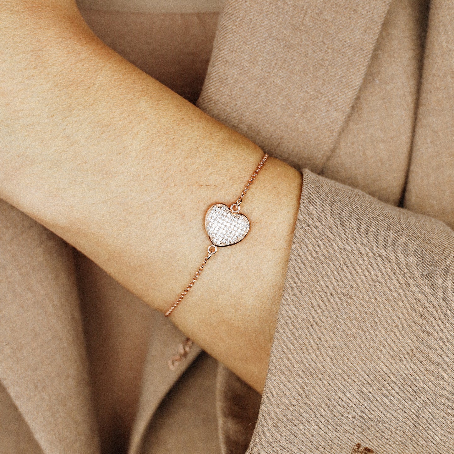 Diamond Pavé Heart Bracelet, Rose Gold Sterling Silver, BYSDMJEWELS