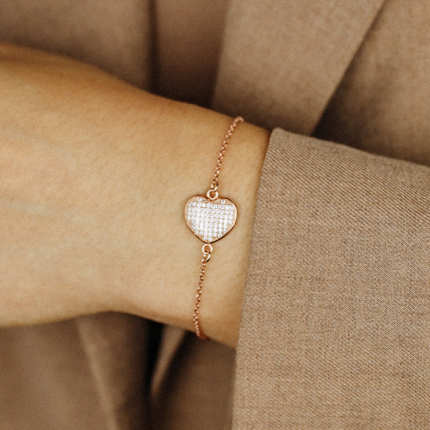 Diamond Pavé Heart Bracelet, Rose Gold Sterling Silver, BYSDMJEWELS