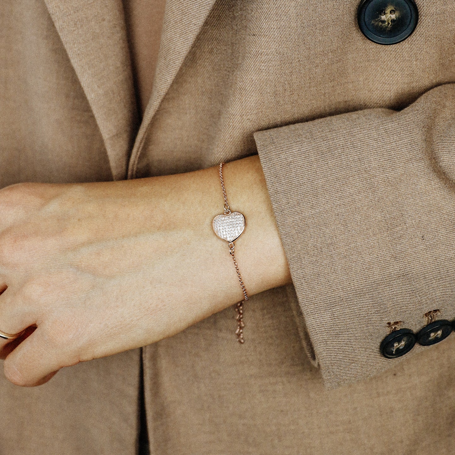 Diamond Pavé Heart Bracelet, Rose Gold Sterling Silver, BYSDMJEWELS