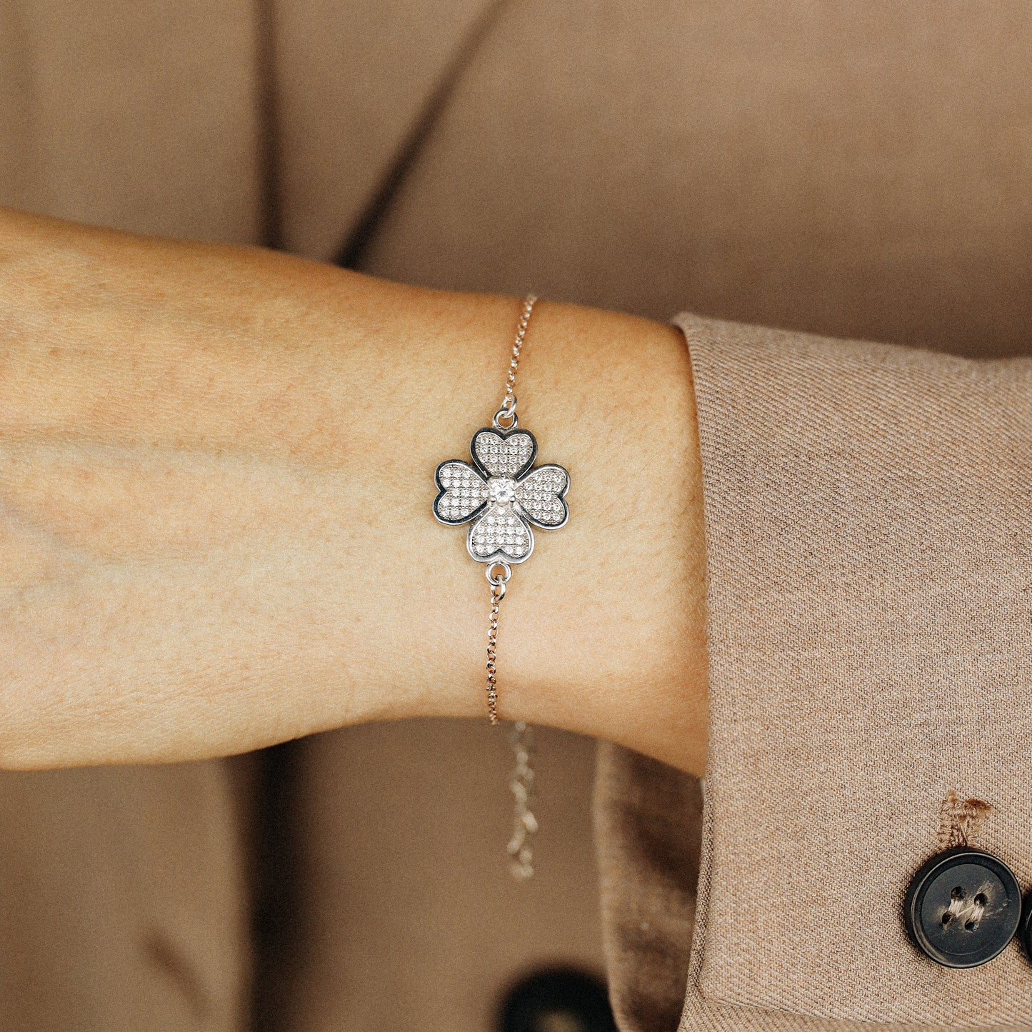 Rose Gold Diamond Pavé Clover Bracelet, Sterling Silver Flower Jewelry, BYSDMJEWELS