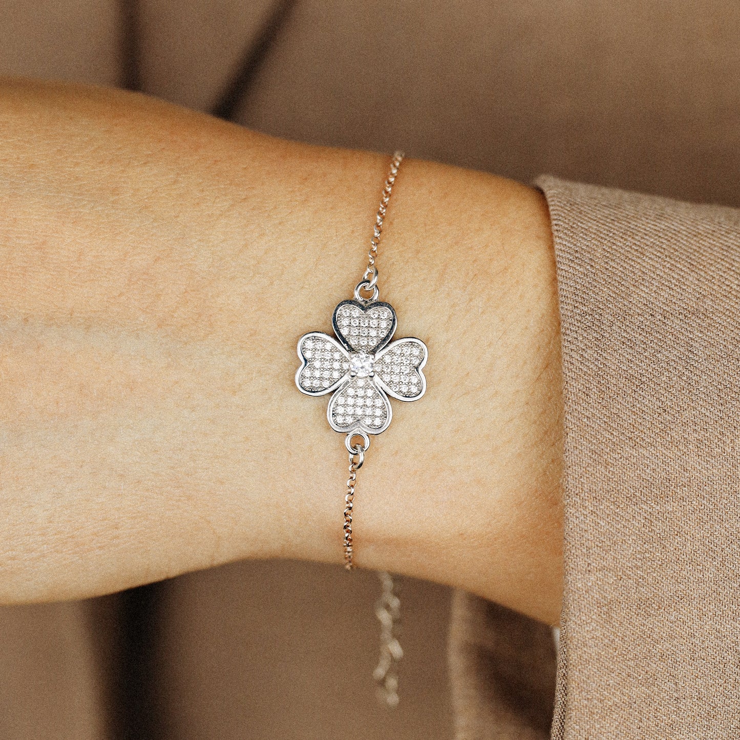 Rose Gold Diamond Pavé Clover Bracelet, Sterling Silver Flower Jewelry, BYSDMJEWELS