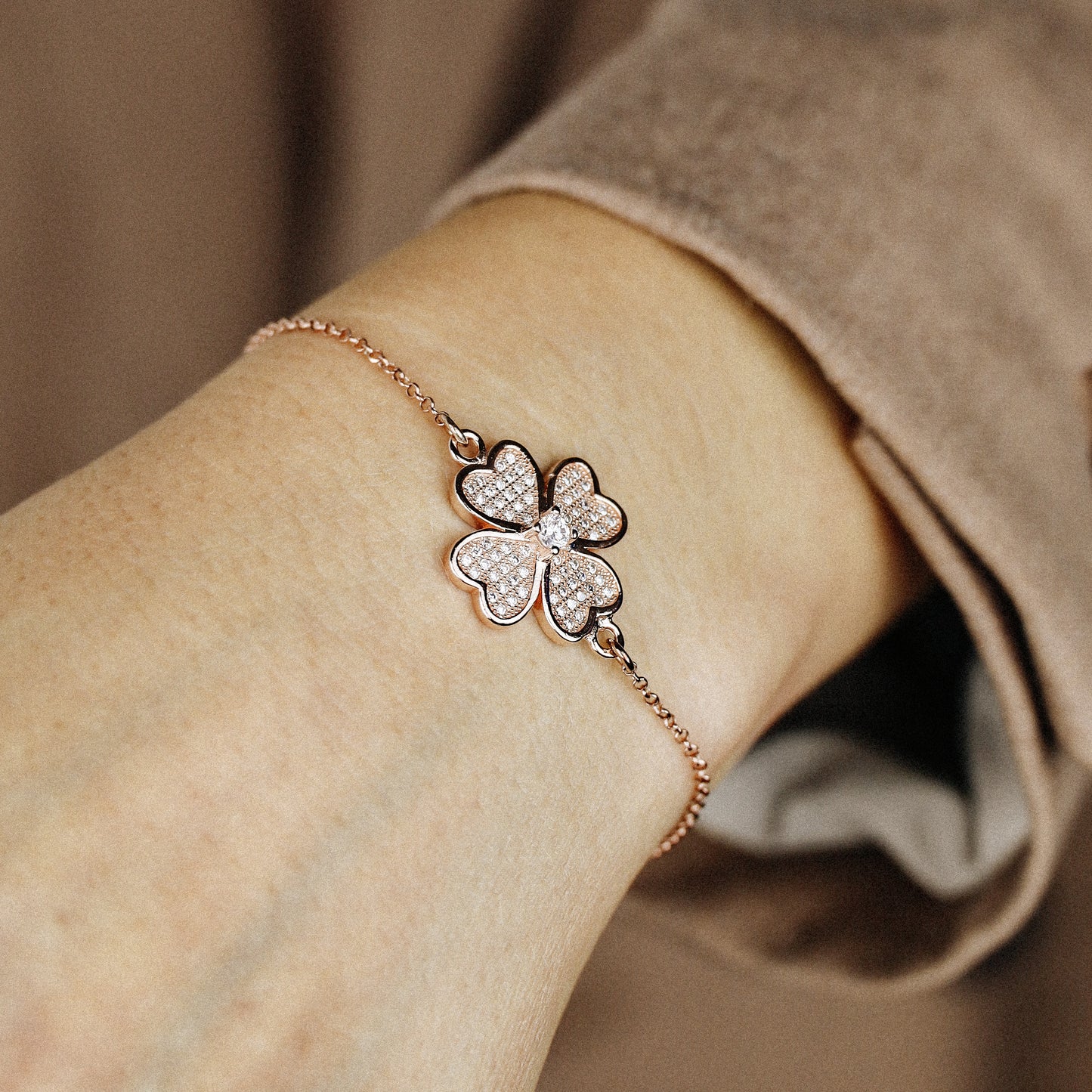 Rose Gold Diamond Pavé Clover Bracelet, Sterling Silver Flower Jewelry, BYSDMJEWELS
