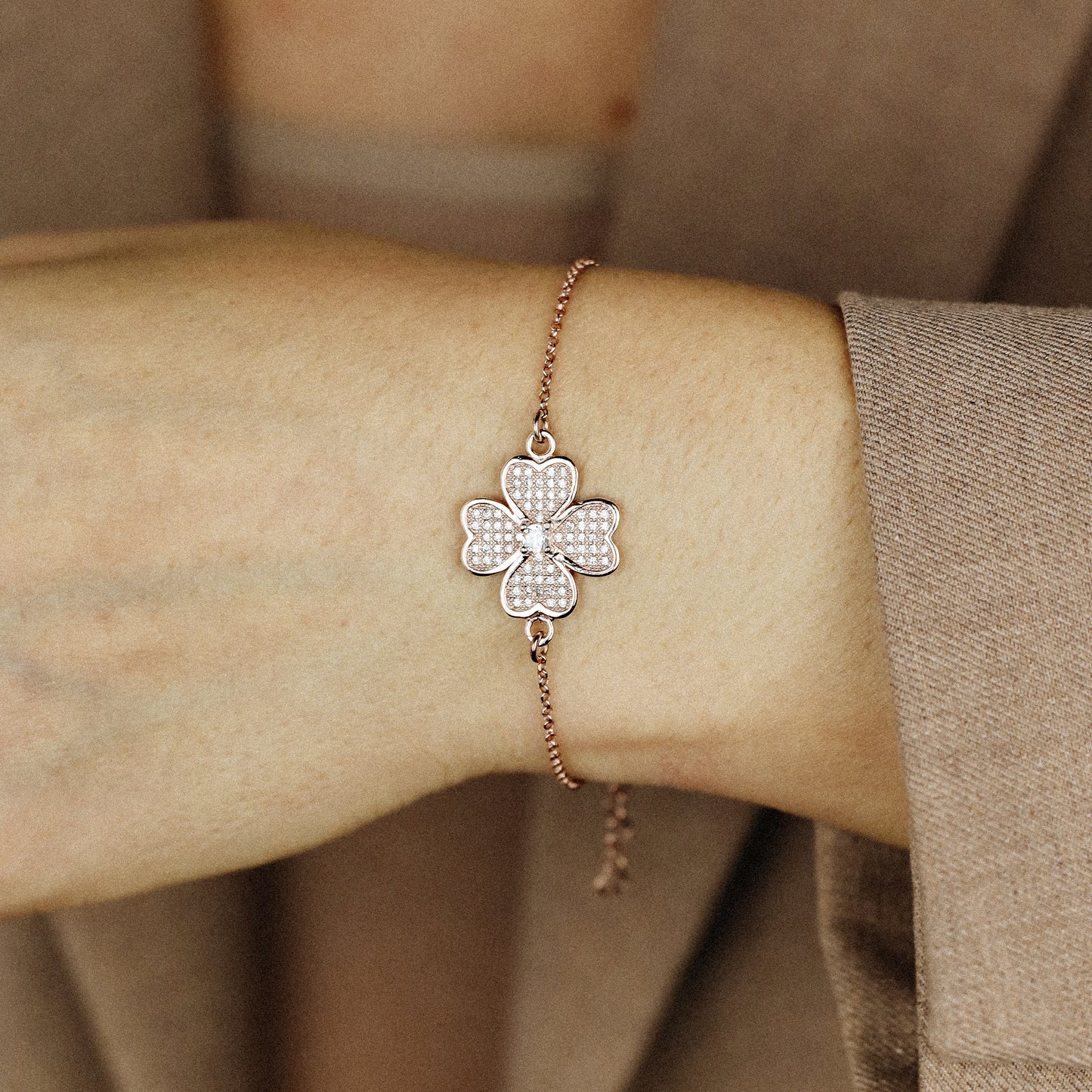 Rose Gold Diamond Pavé Clover Bracelet, Sterling Silver Flower Jewelry, BYSDMJEWELS
