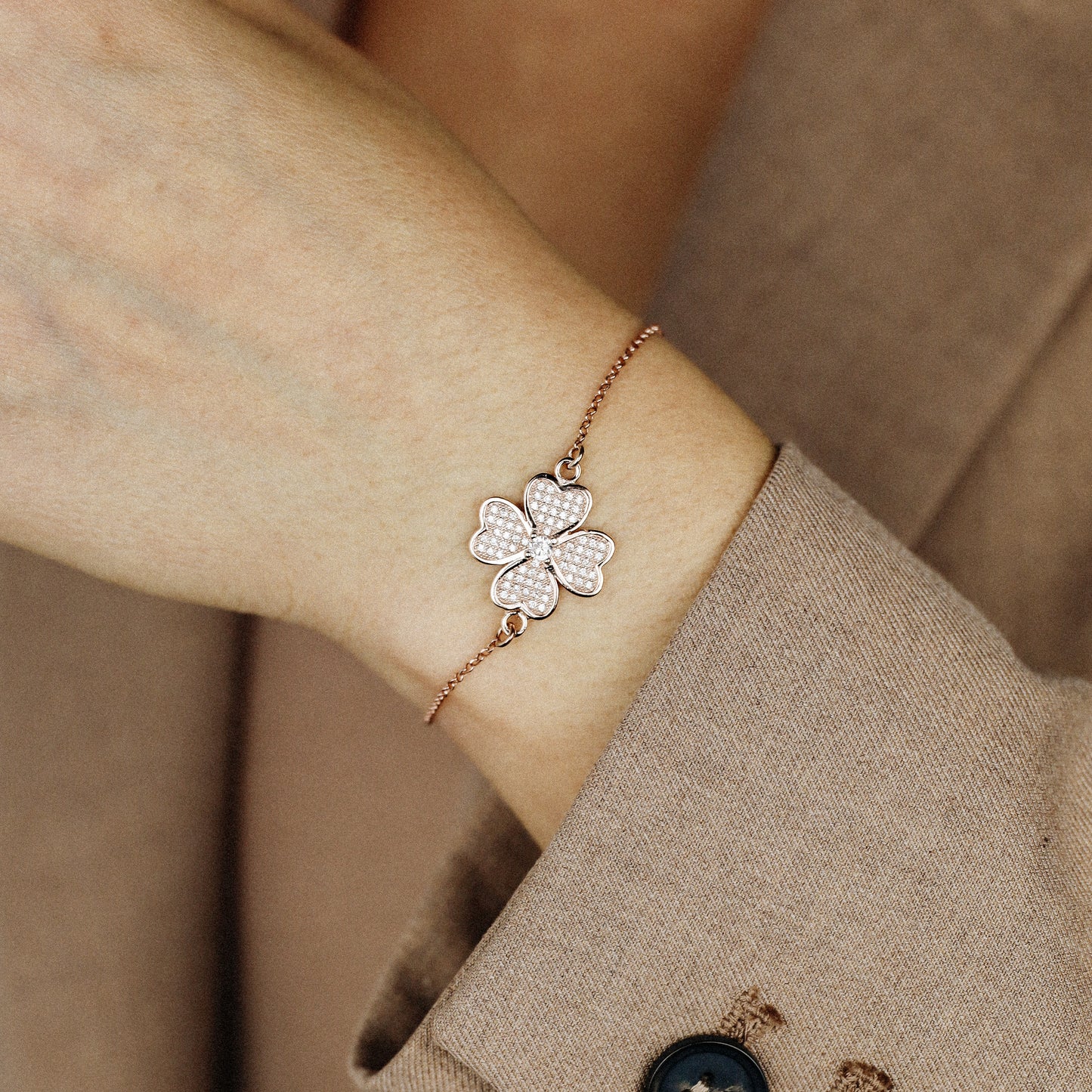 Rose Gold Diamond Pavé Clover Bracelet, Sterling Silver Flower Jewelry, BYSDMJEWELS